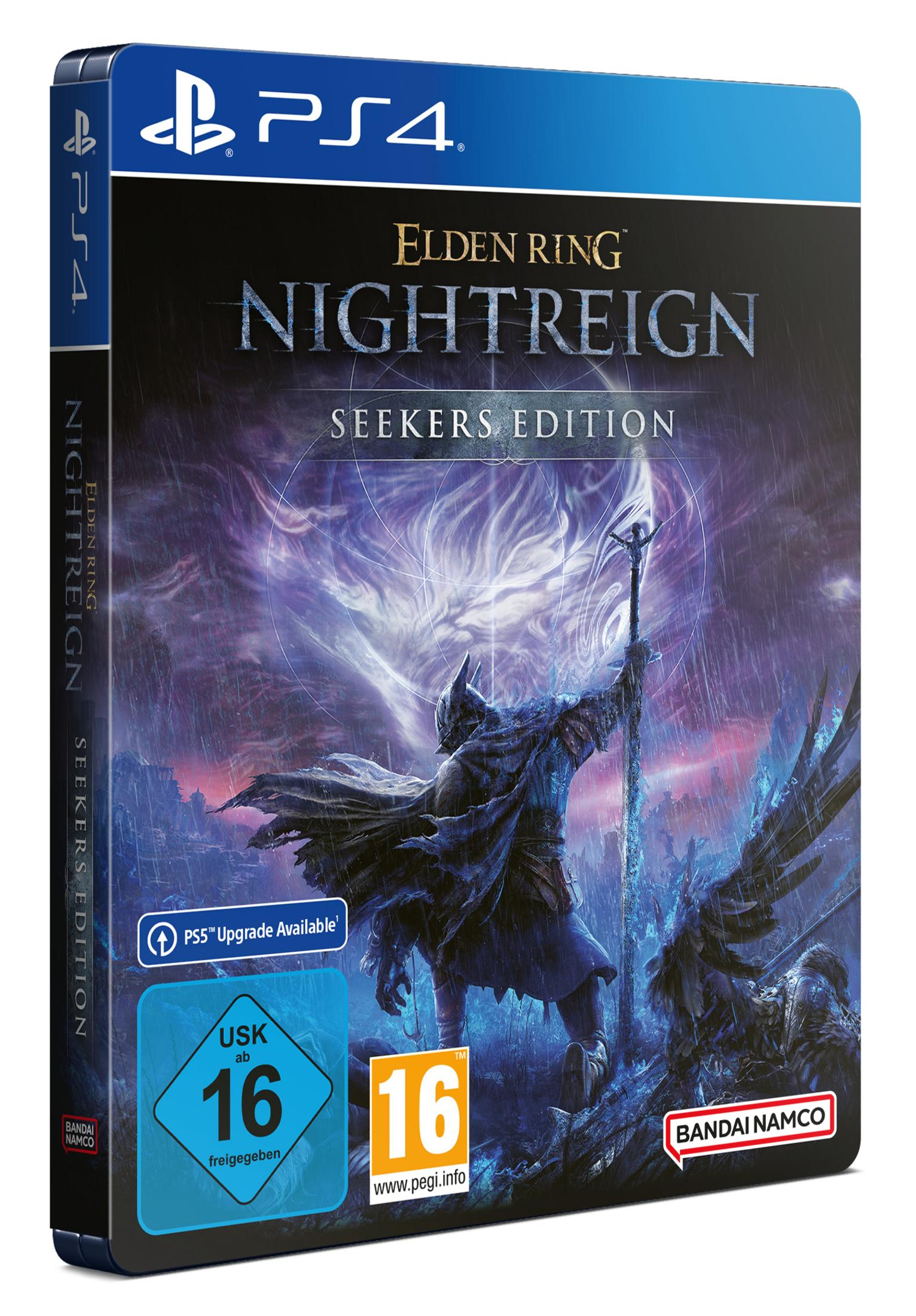 Spielbox-Art. Ein Krieger mit Stab steht auf einem Berg. Titel: Elden Ring, Seekers Edition.
