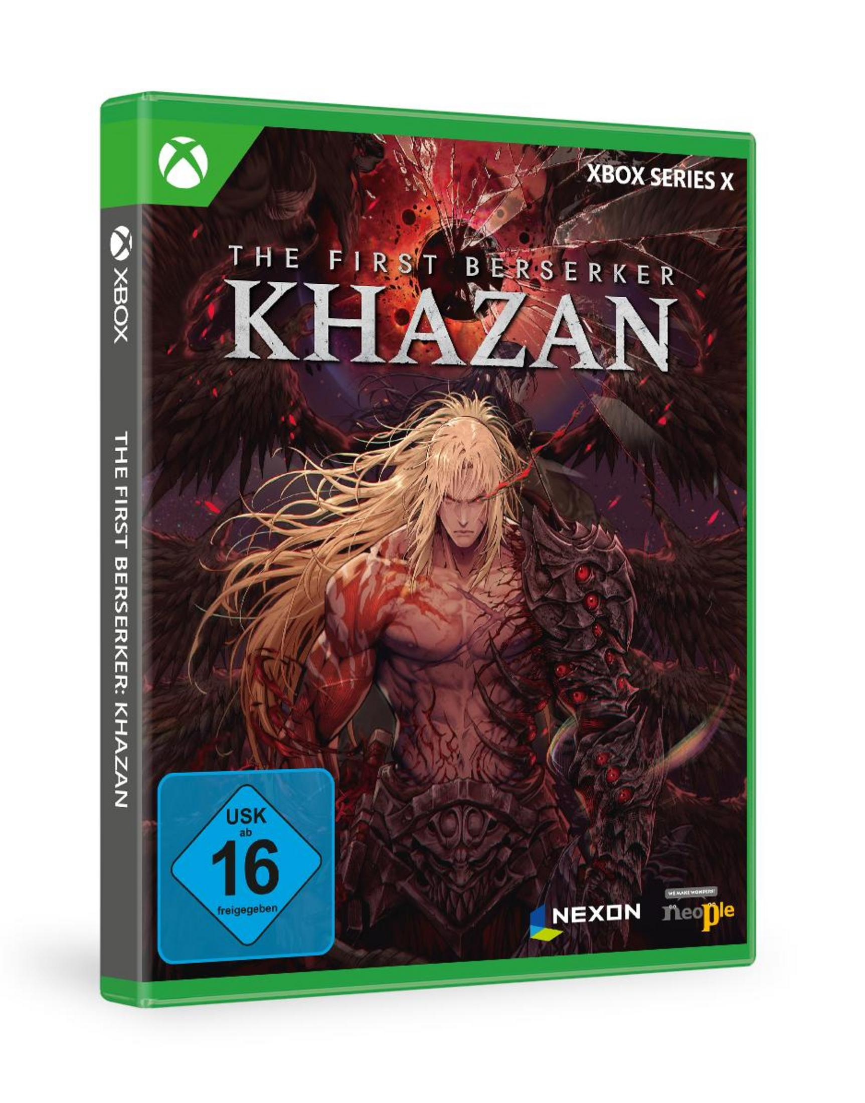 Spielcover für The First Berserker: Khazan. Zeigt einen muskulösen Krieger und dunkle Fantasy-Bilder.