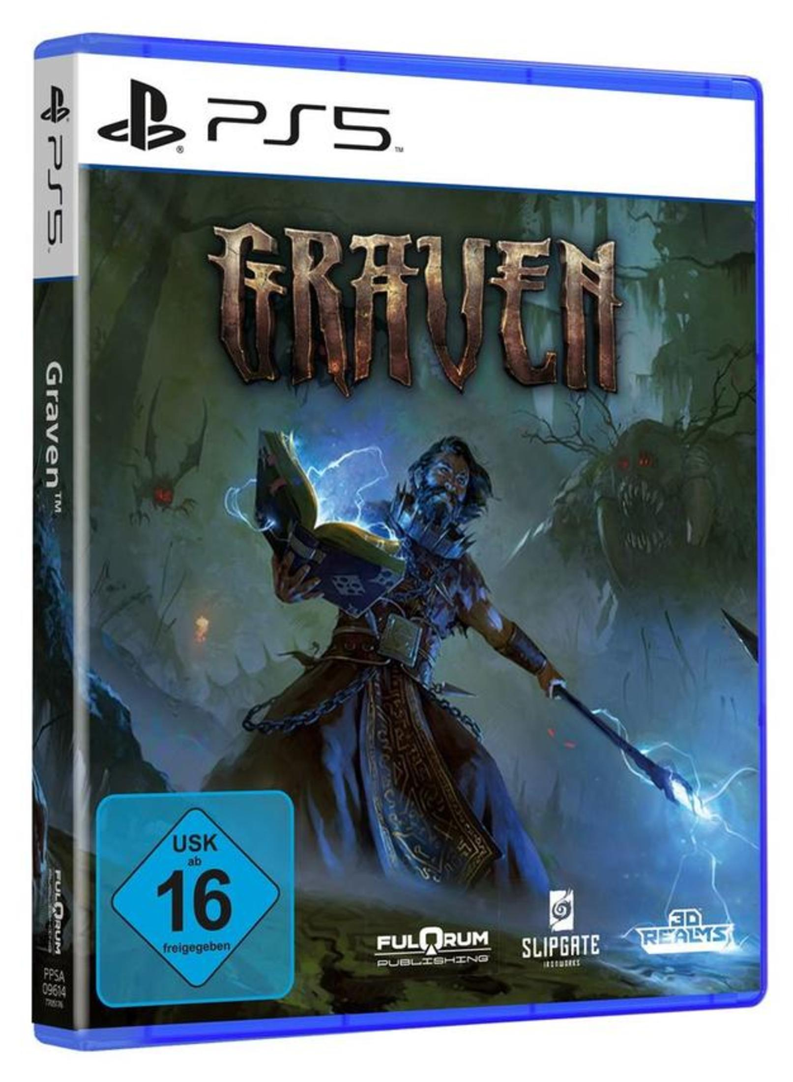 PS5-Spielbox für 'Graven'. Ein Zauberer hält ein Buch, mit einem Monster im Hintergrund. Dunkle, grüne Töne.