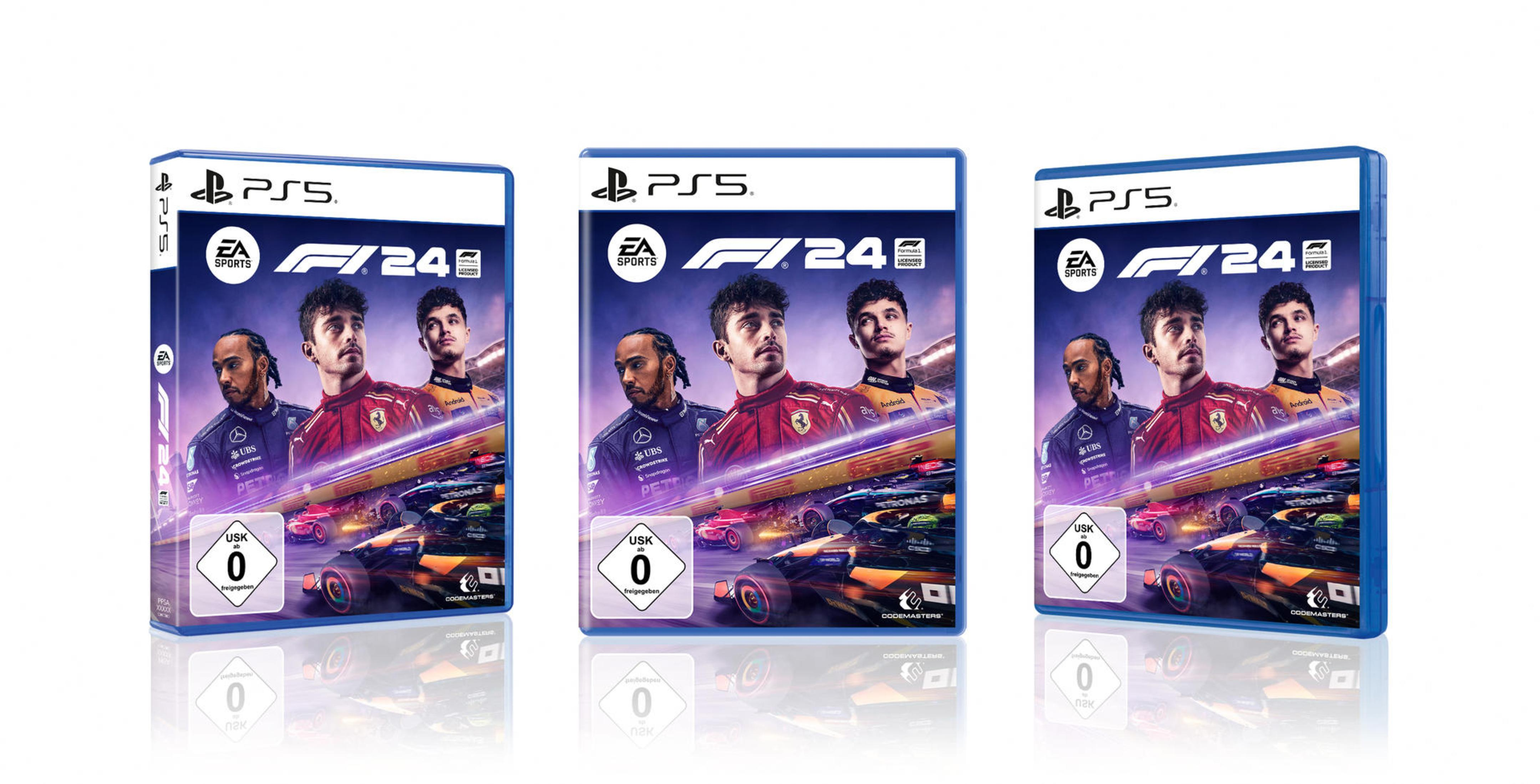 Drei F1 24 PS5-Spielboxen. Das Cover zeigt F1-Autos und Fahrer. Der Hintergrund ist weiß.