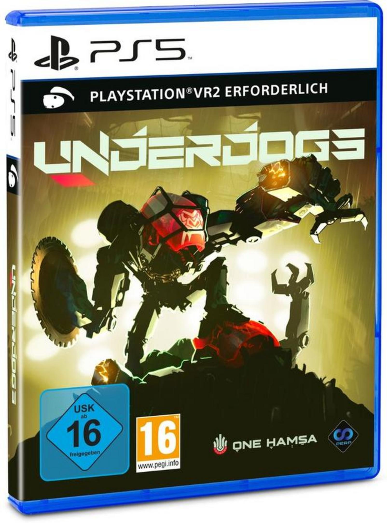 Underdogs Spielcover. Ein Roboter mit rotem Kopf und Armen wird gezeigt, mit dem Spiel-Logo.