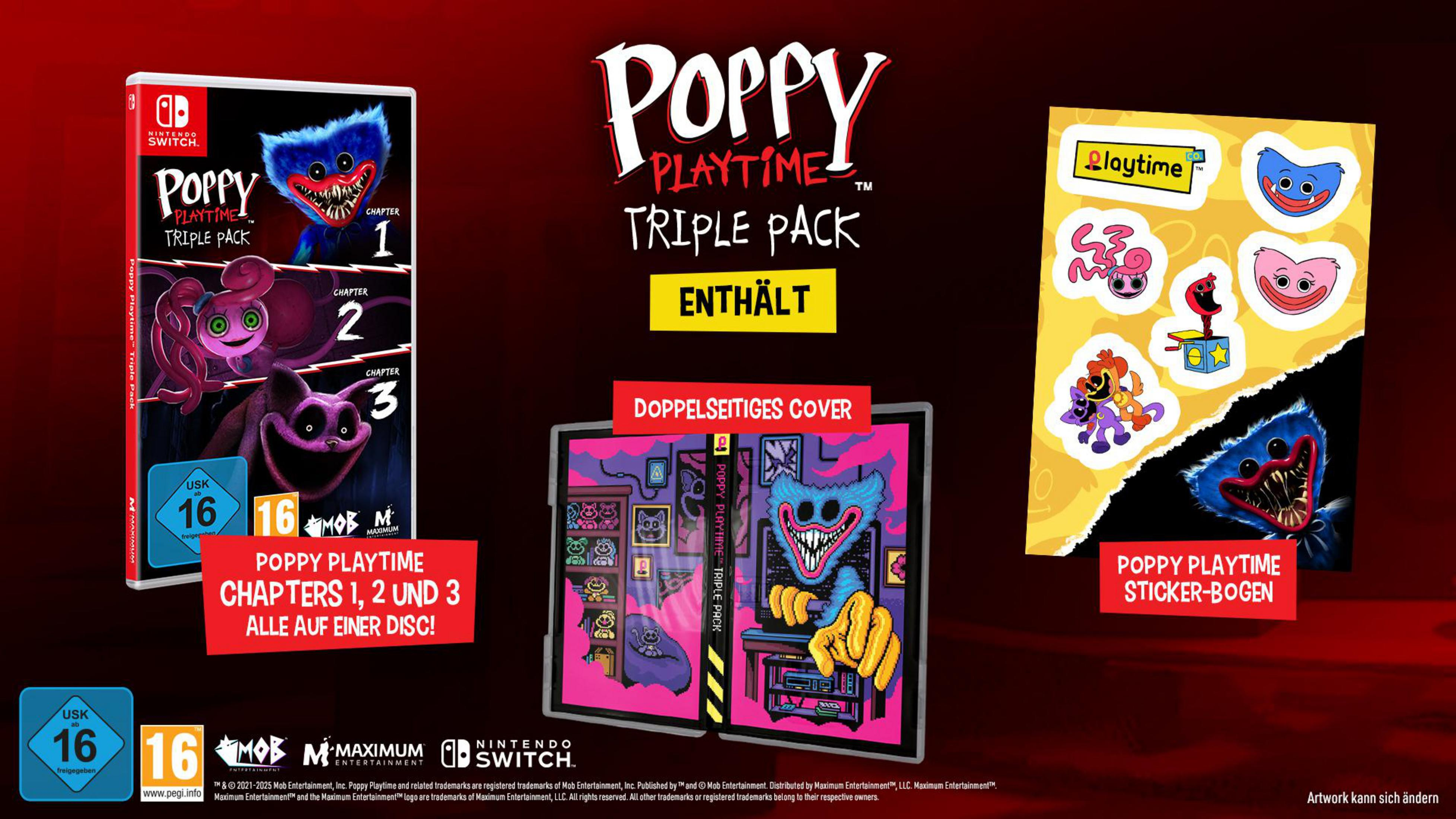 Poppy Playtime Triple Pack für Nintendo Switch. Das Box-Art zeigt das Monster des Spiels. Aufkleber enthalten.