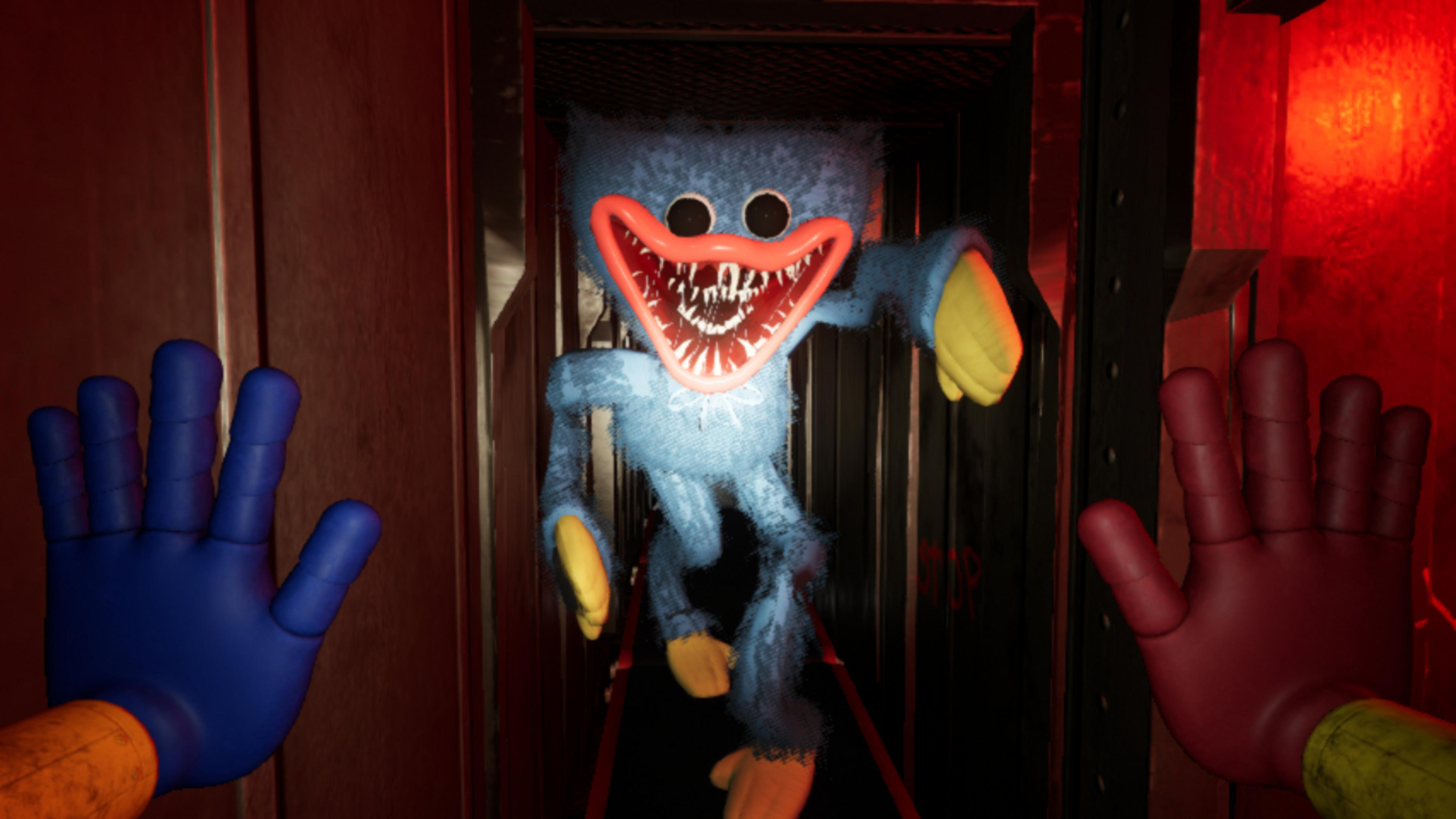 Ein gruseliges blaues Monster aus dem Spiel 'Poppy Playtime' in einem dunklen Flur. Rote und schwarze Farben dominieren.