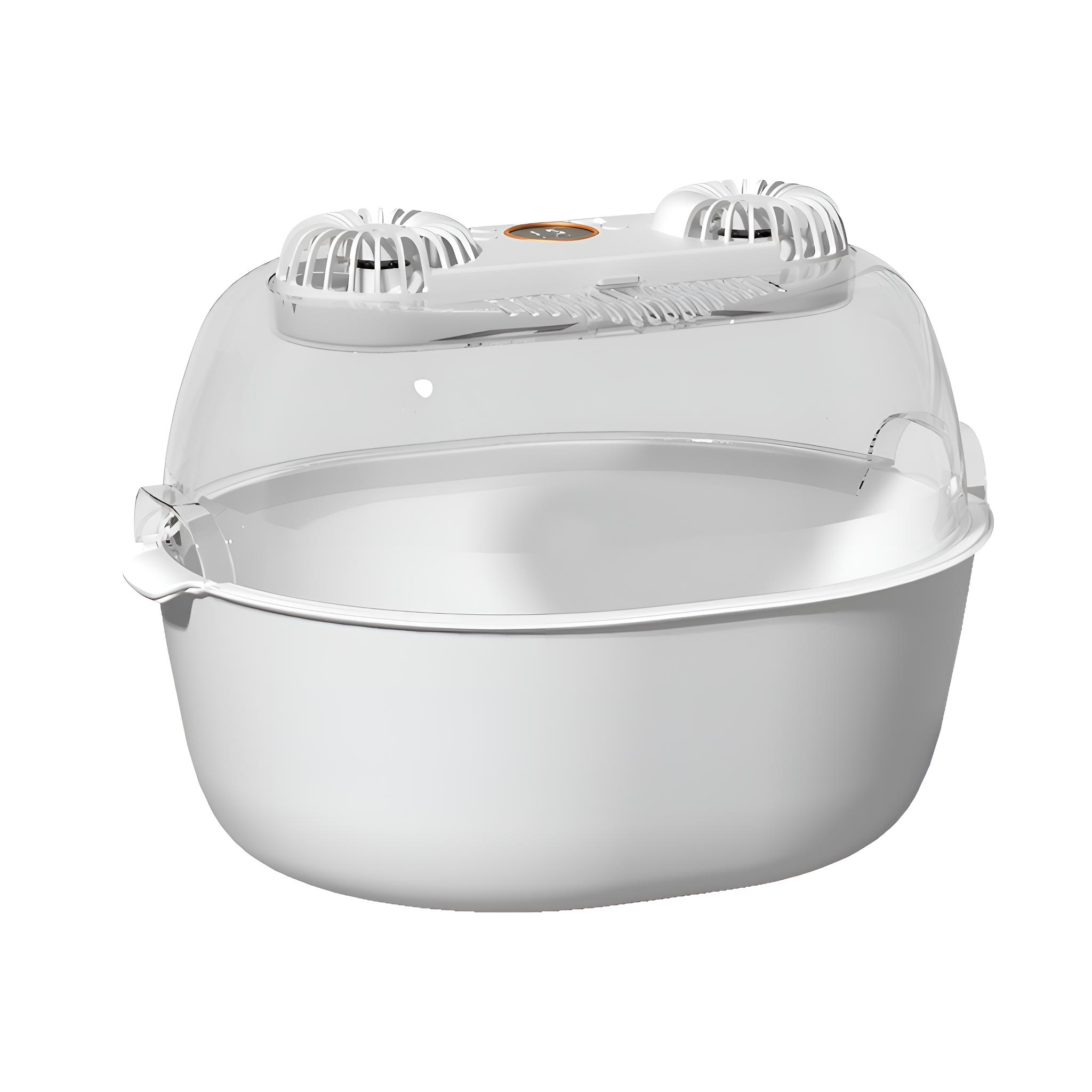 Weißer, oval geformter Babyflaschen-Sterilisator mit durchsichtigem Deckel und zwei Lüftungsschlitzen.