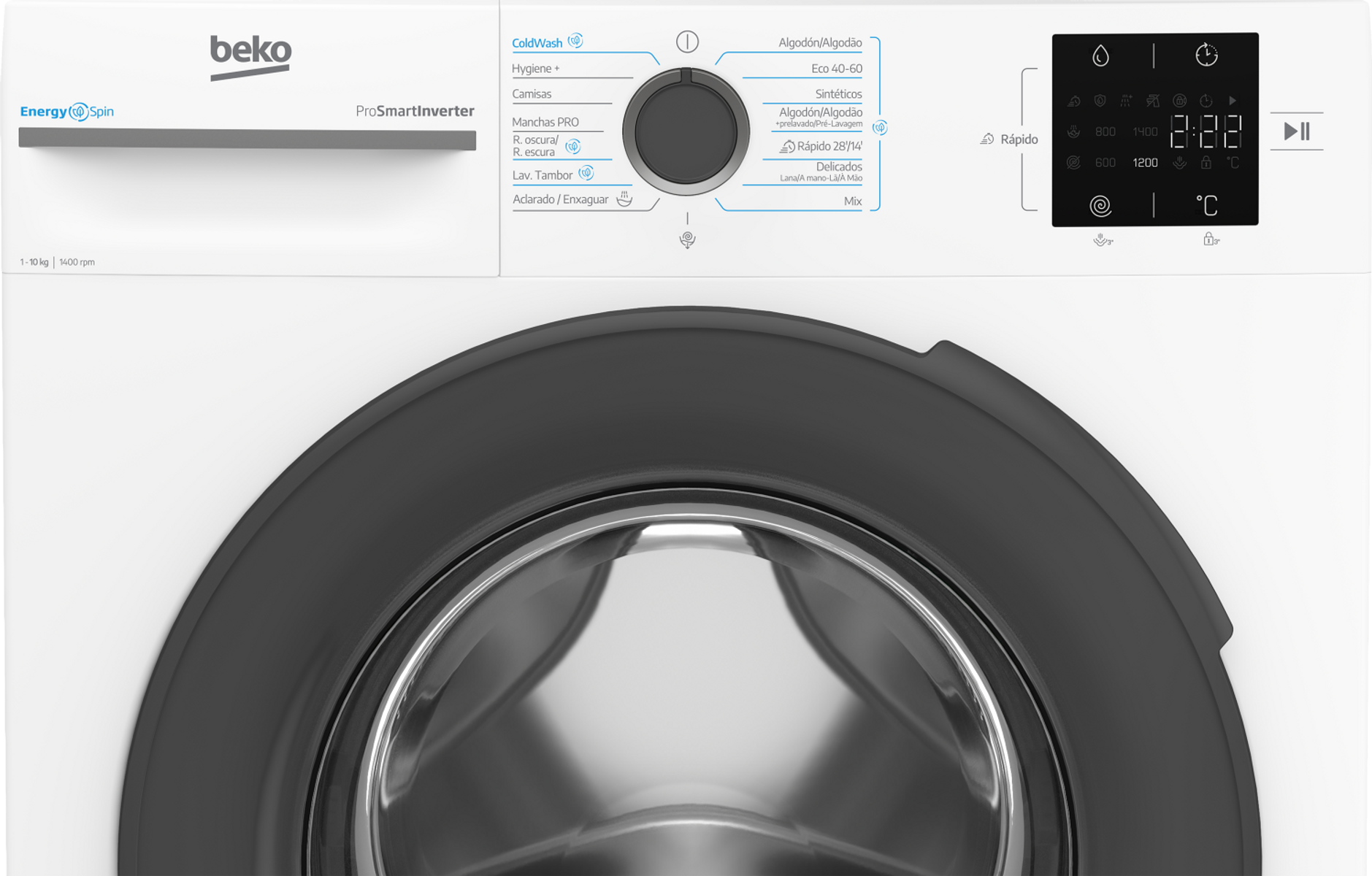 Primer plano de una lavadora Beko blanca con una puerta gris oscuro y un panel de control.