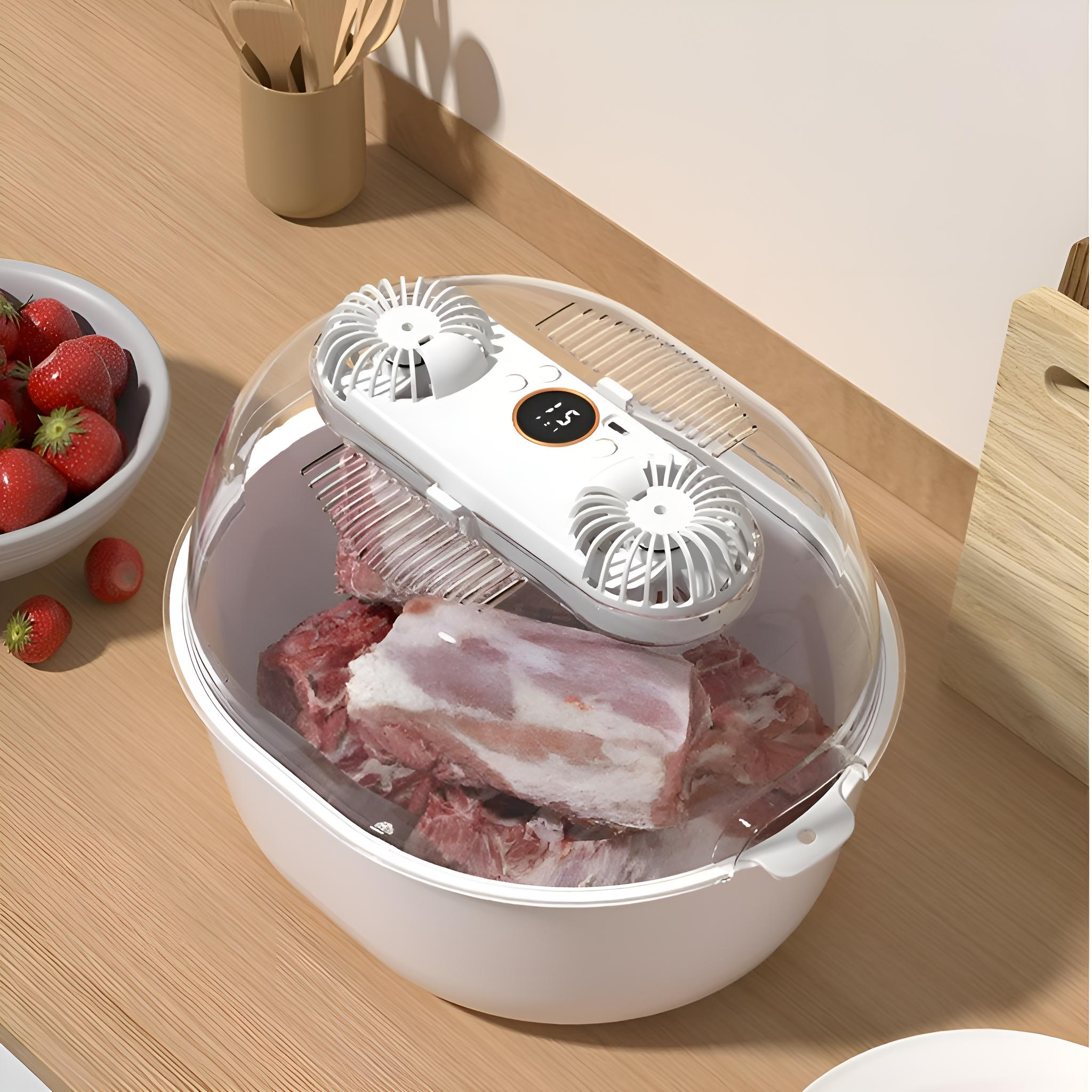 Fleisch in einem weißen Behälter mit Deckel und zwei Ventilatoren. Erdbeeren und Holzbrett im Hintergrund.