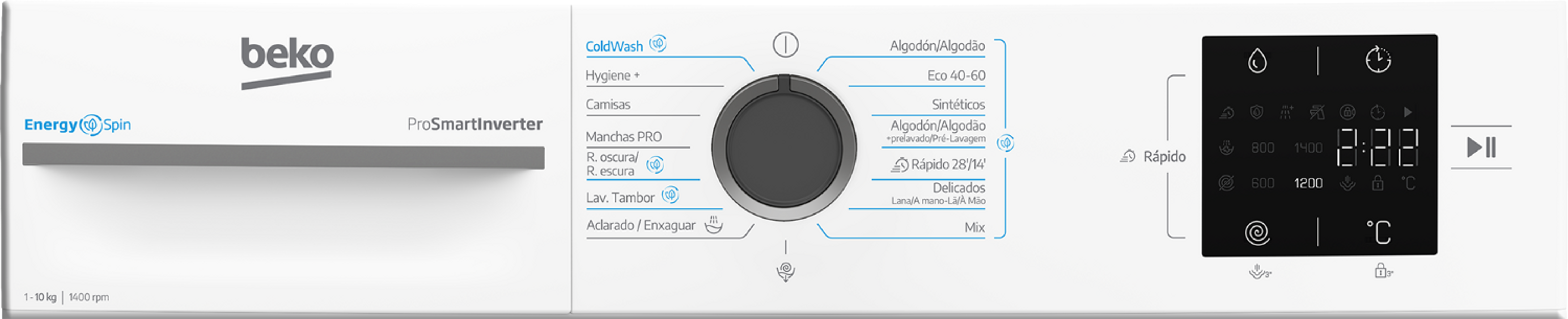 Panel de control de lavadora con dial de configuración, pantalla digital y botones de programa. Logo Beko a la izquierda.