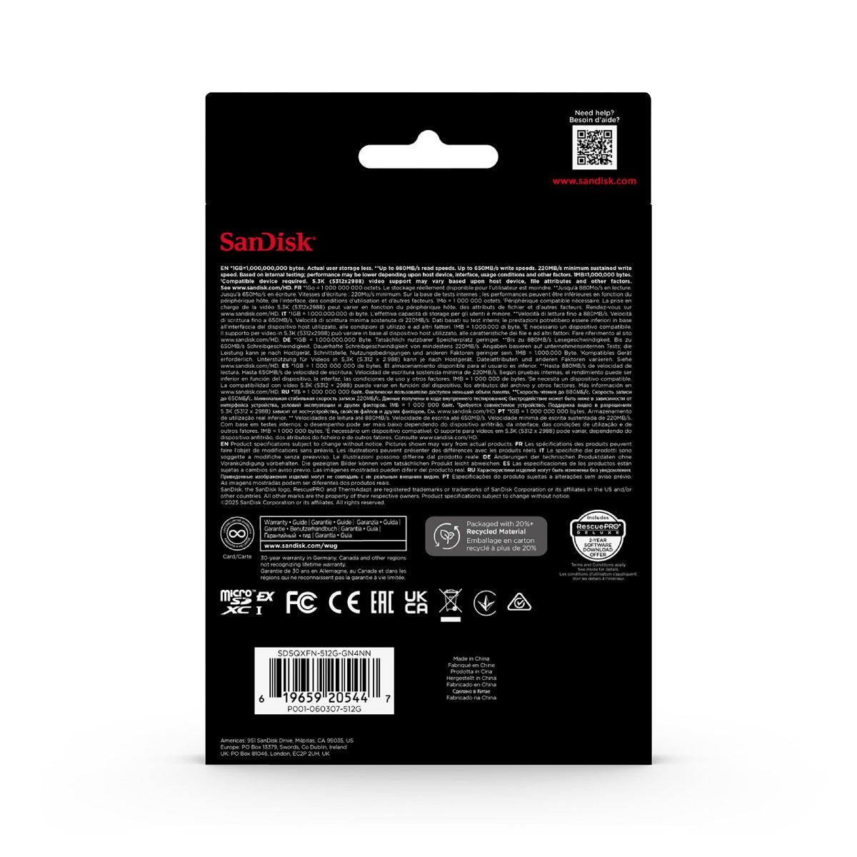 Retro di una confezione di schede microSD Sandisk con informazioni sul prodotto e un codice QR.