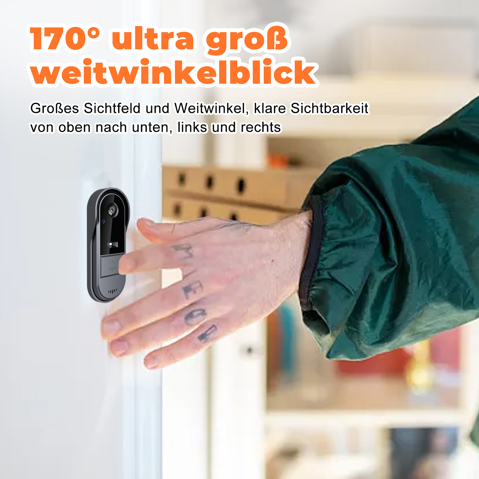 Eine Hand platziert eine Türklingelkamera an einer weißen Tür. Text lautet "170° ultra großer Weitwinkelblick" auf Deutsch.