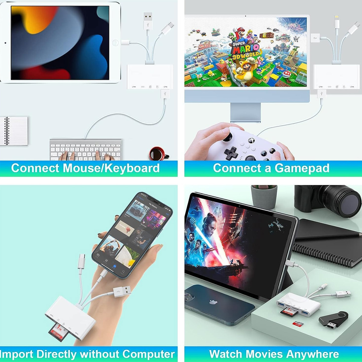 Quattro scenari: tastiera/mouse collegati, gamepad collegato, importazione diretta e guardare film ovunque.