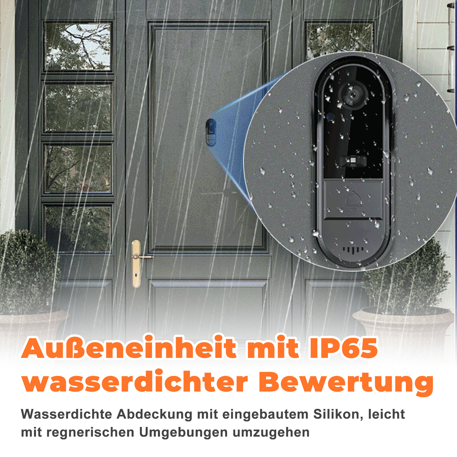 Türklingel an einer Tür mit Regen. Es ist schwarz und hat eine Kamera. Der Text besagt wasserdicht.