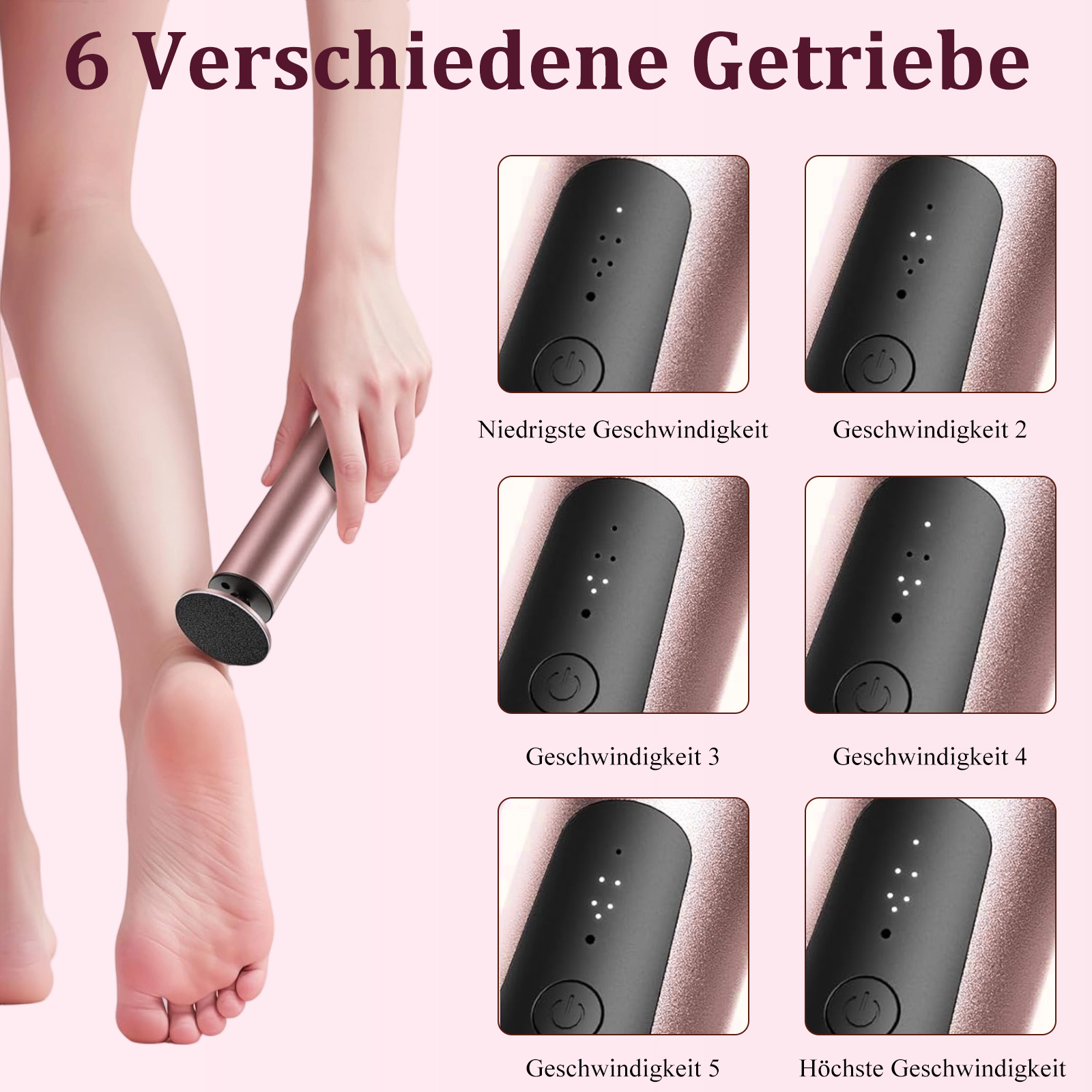 Eine Person, die eine rosa Fußfeile verwendet, mit Nahaufnahmen der Geräteeinstellungen und einer bearbeiteten Fußsohle. Text auf Deutsch.