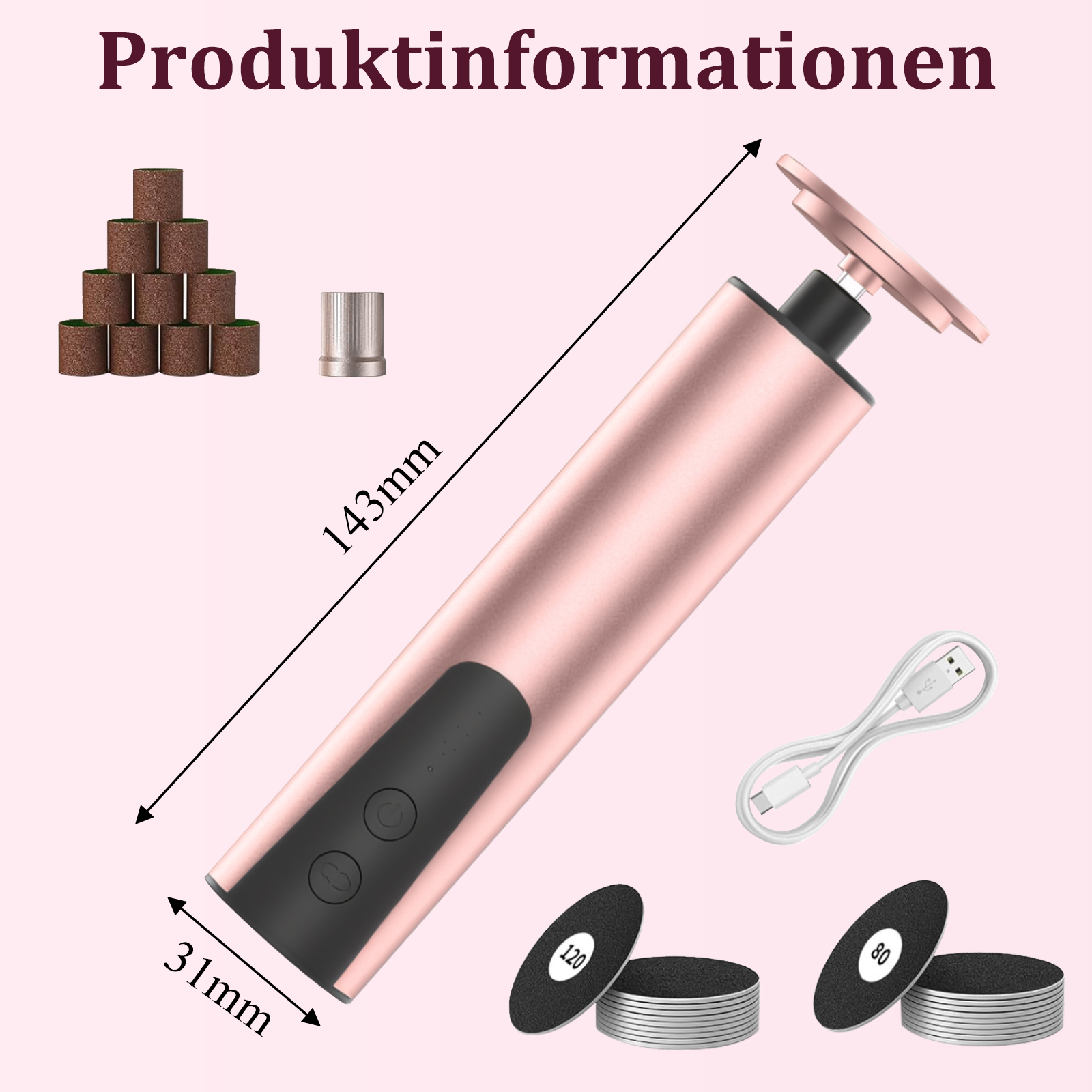Produktinformationsdiagramm mit einer elektrischen Fußfeile, Zubehör und Abmessungen. Text auf Deutsch.