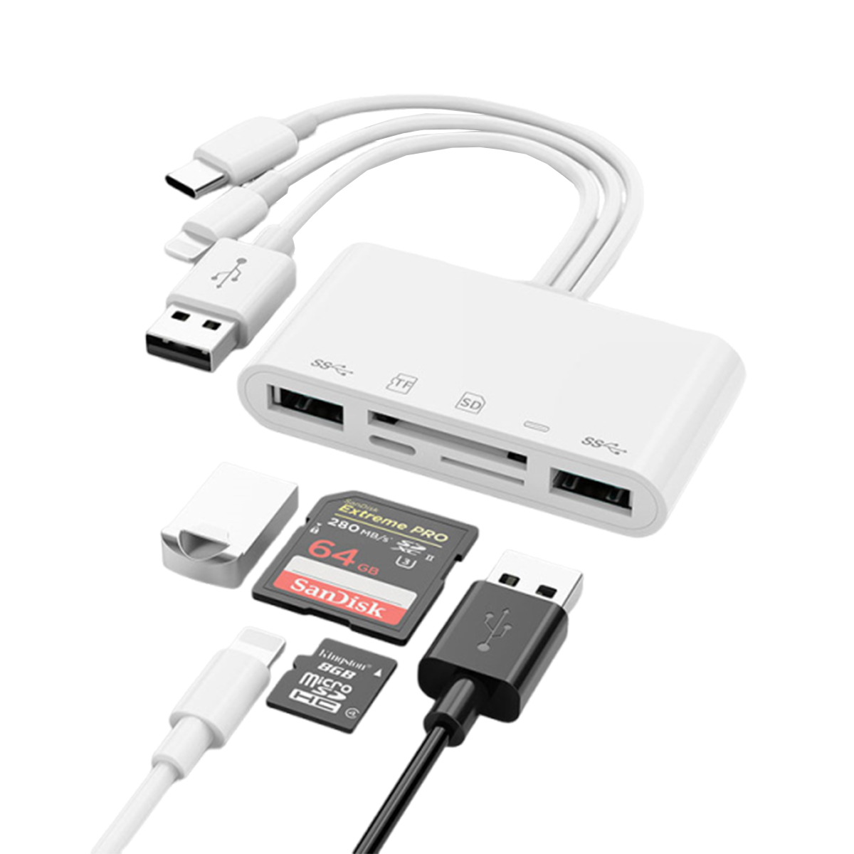 Lettore di schede SD bianco con più porte, collegato a diversi tipi di schede SD e un cavo USB.