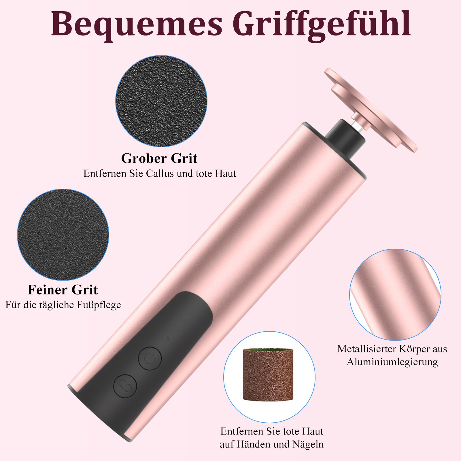 Ein roségoldfarbenes Fußpflegegerät mit drei kreisförmigen Bereichen, die unterschiedliche Körnungsebenen zeigen.