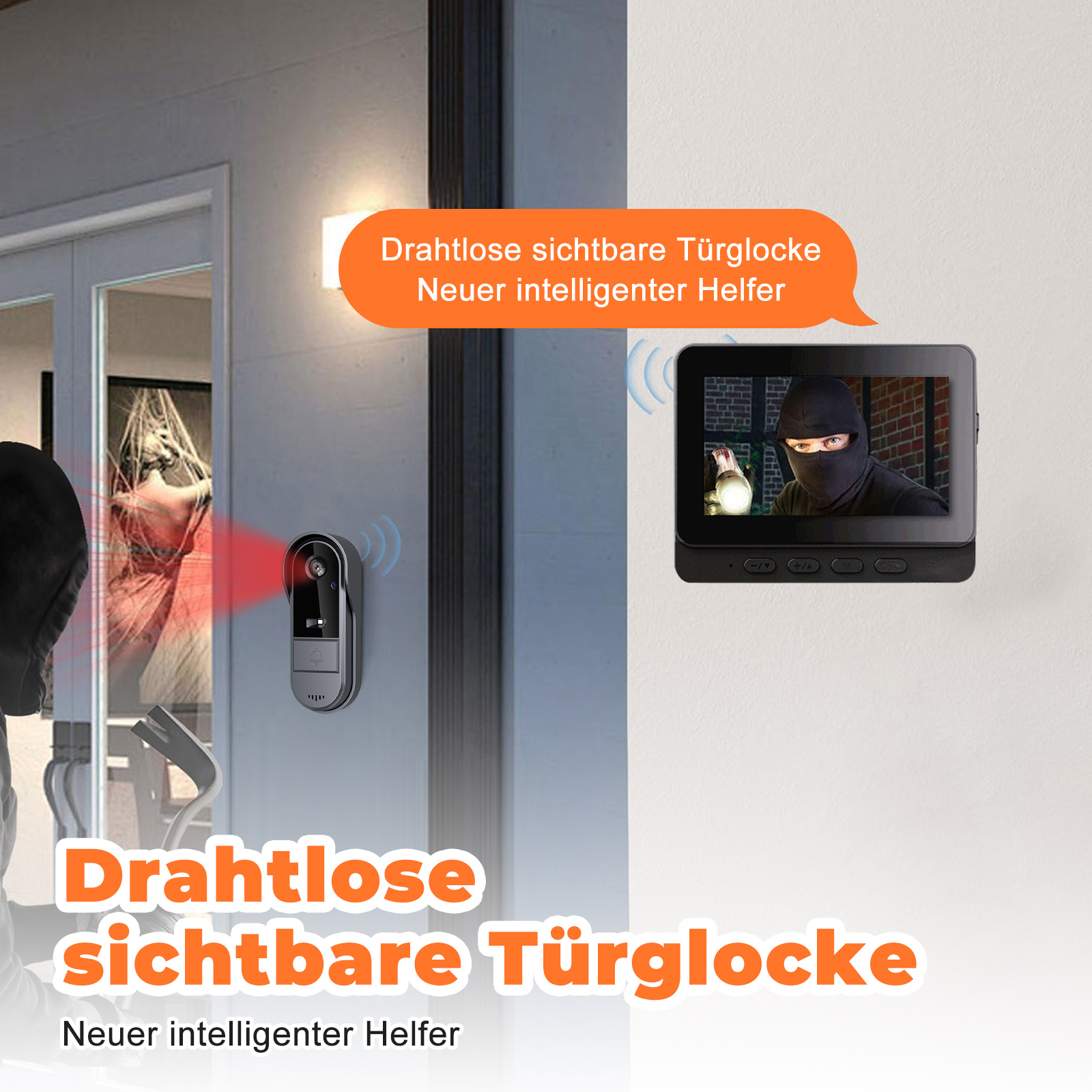 Eine intelligente Türklingel, die eine Szene einer Person auf dem Monitor zeigt. Text ist Aufnahme und automatisches Foto.