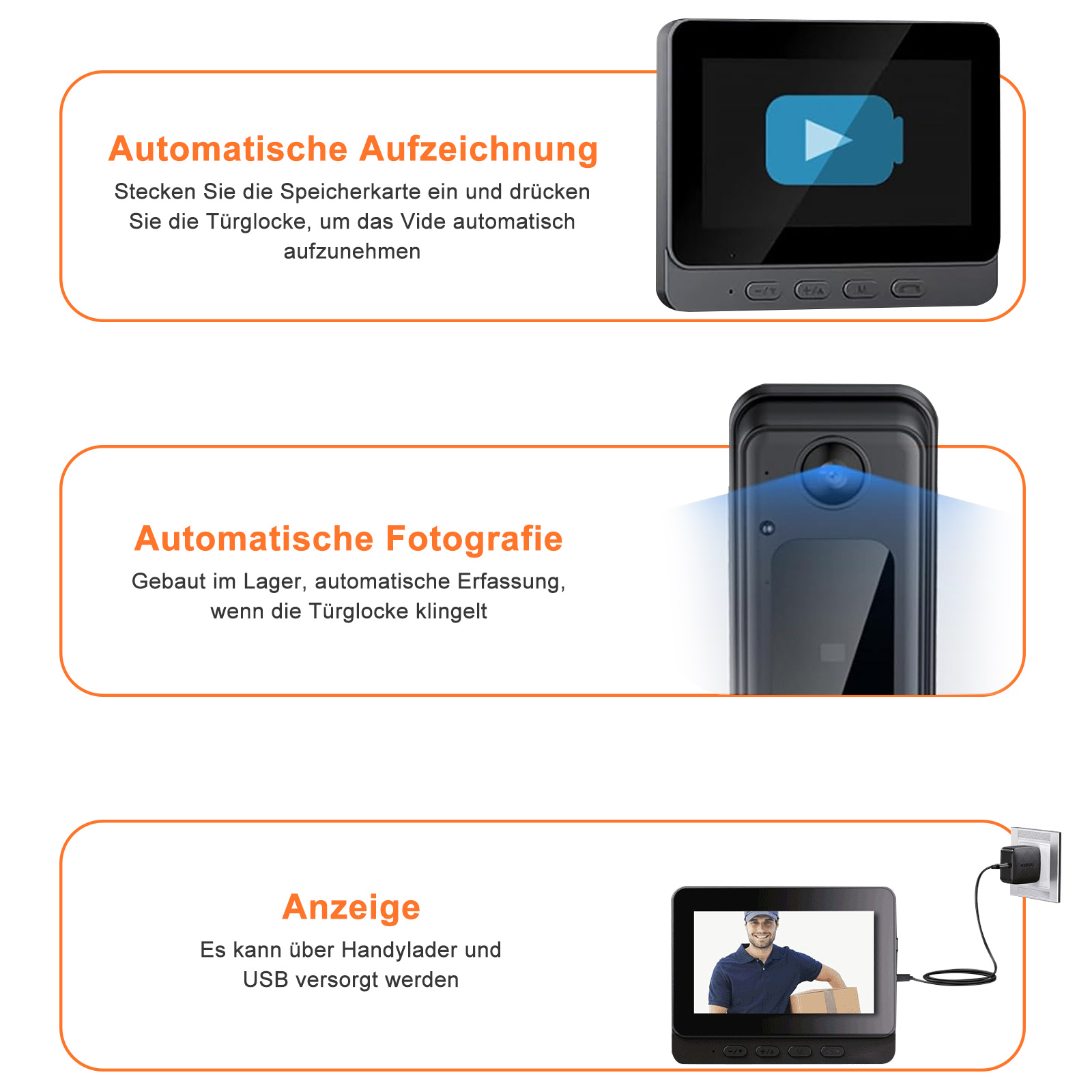 Szenen einer intelligenten Türklingel. Oben wird ein Bildschirm mit einem Batteriesymbol angezeigt. Unten ist die Türklingel zu sehen.