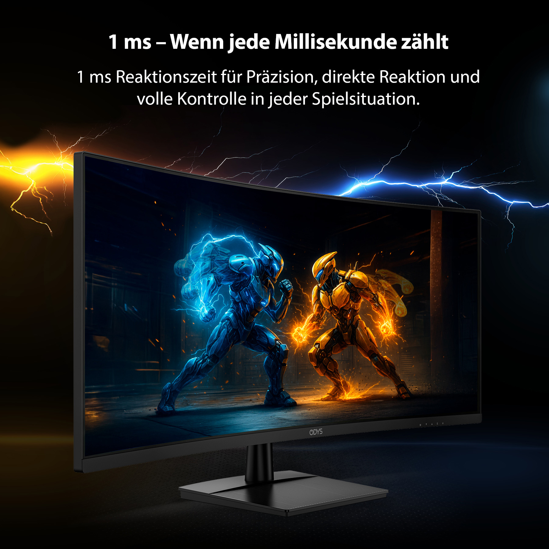 Ein gekrümmter Monitor mit zwei Spielfiguren auf dem Display, mit Blitzeffekten.