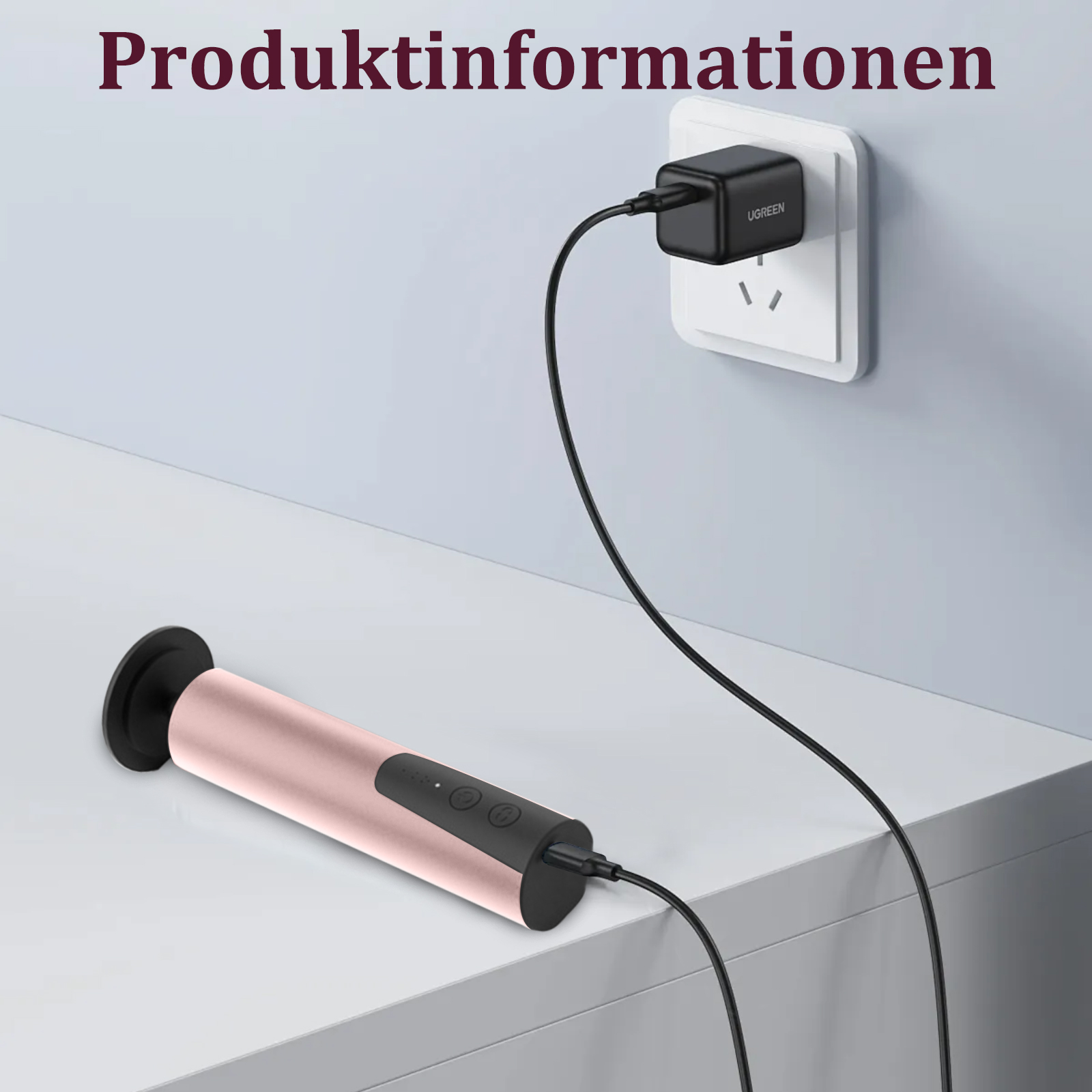 Rosa Gerät, das in einer Steckdose aufgeladen wird, mit einem Tisch und Text.