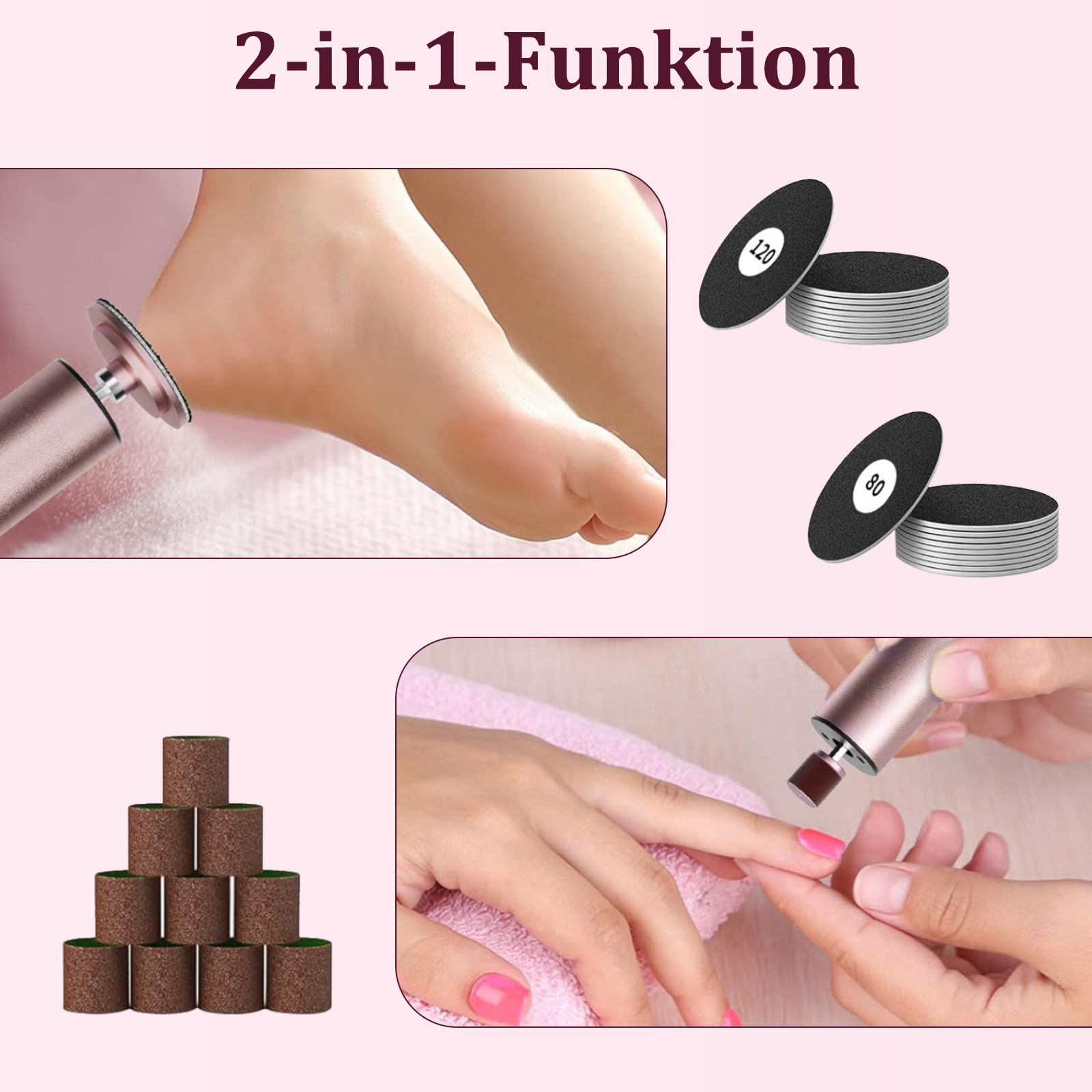 Nahaufnahme von Fuß- und Nagelpflege-Werkzeugen mit einem rosa Gerät und Pads.