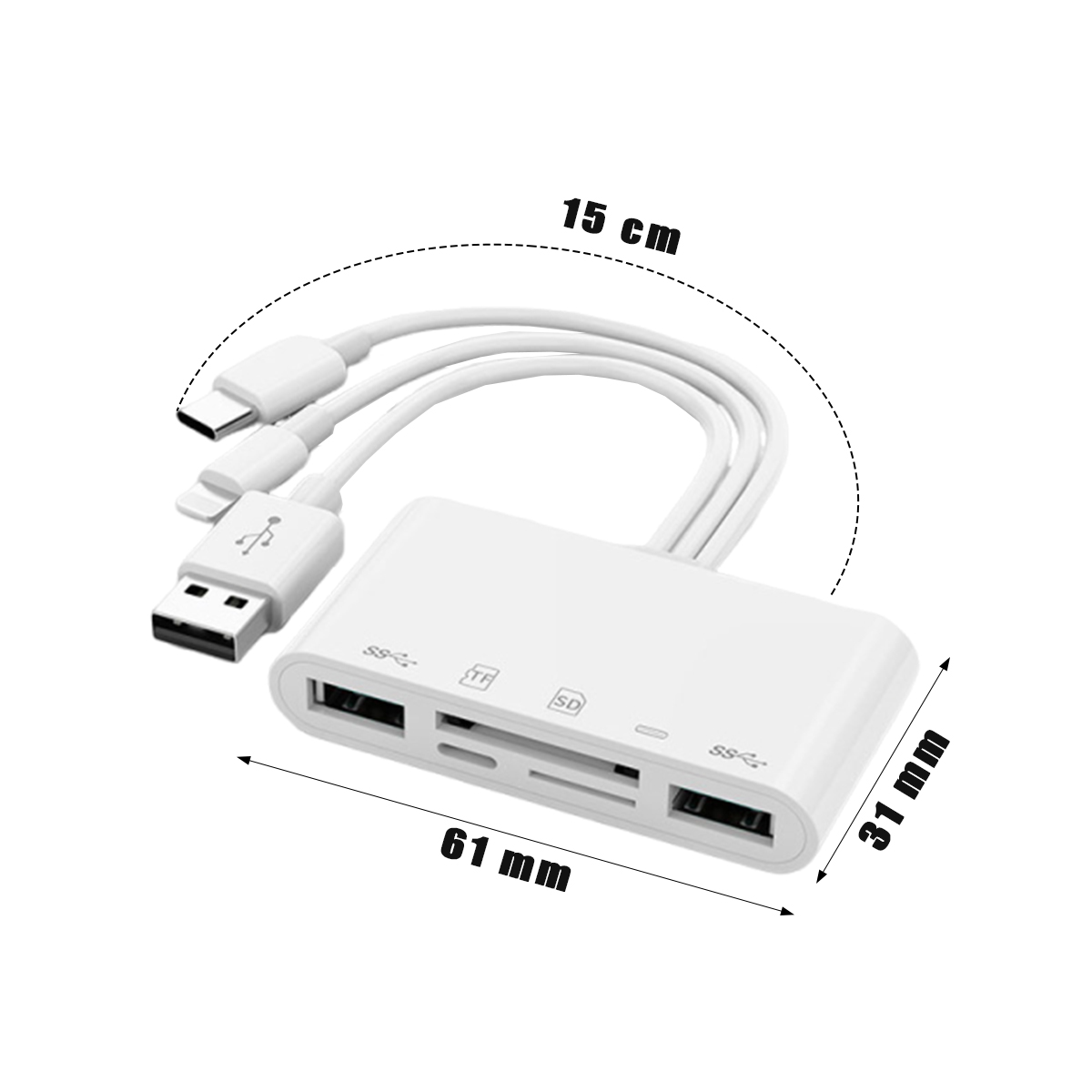 Lettore di schede bianco con connettori USB, micro USB e Lightning. Misura 61 mm x 31 mm; cavo di 15 cm.