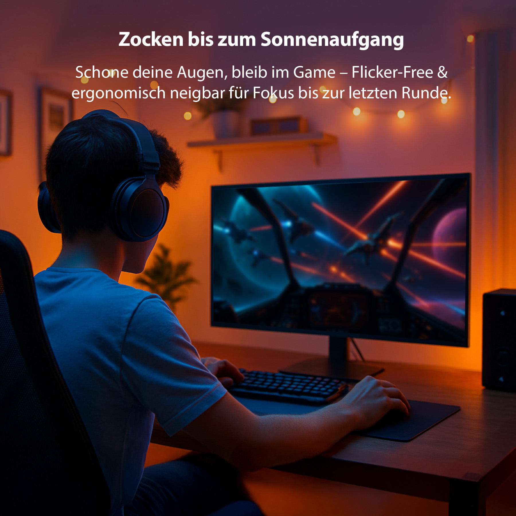 Eine Person mit Kopfhörern spielt Videospiele auf einem großen Monitor in einem warm beleuchteten Raum.