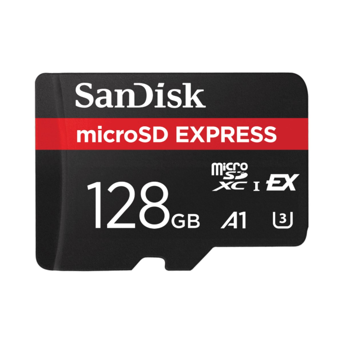 Tarjeta microSD SanDisk negra con franja roja, texto blanco: SanDisk, microSD EXPRESS, 128GB y logos.