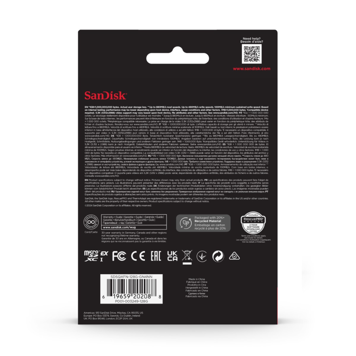 Embalaje de la tarjeta SanDisk microSD Express con información sobre la capacidad de almacenamiento y la velocidad.