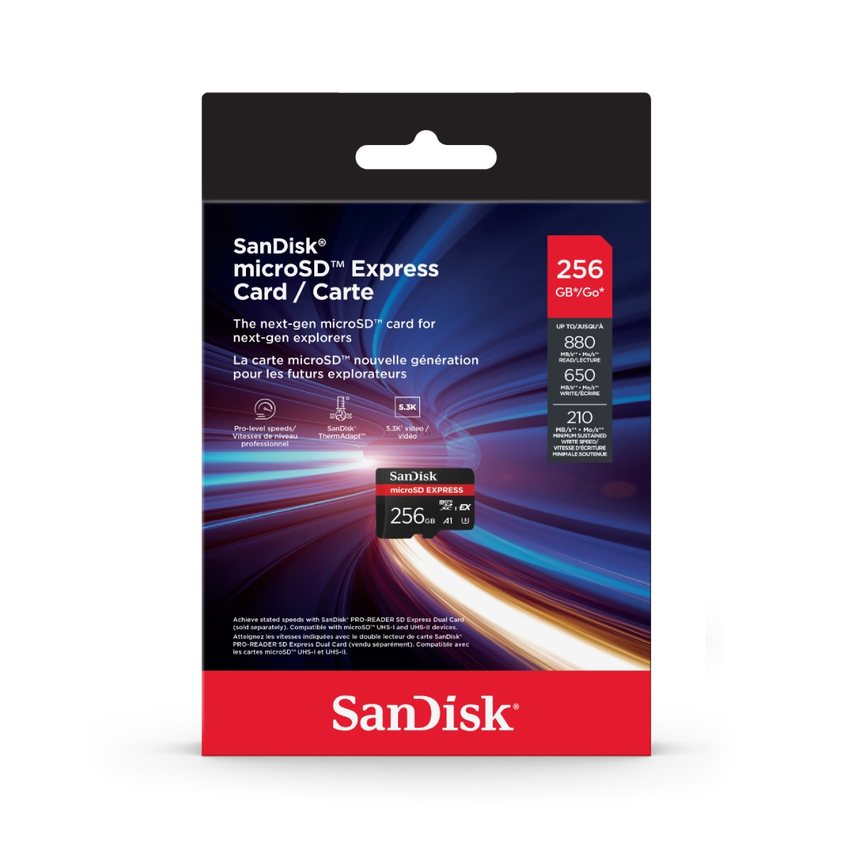 Embalaje de la tarjeta SanDisk microSD Express con una capacidad de 256 GB y varias clasificaciones de velocidad.