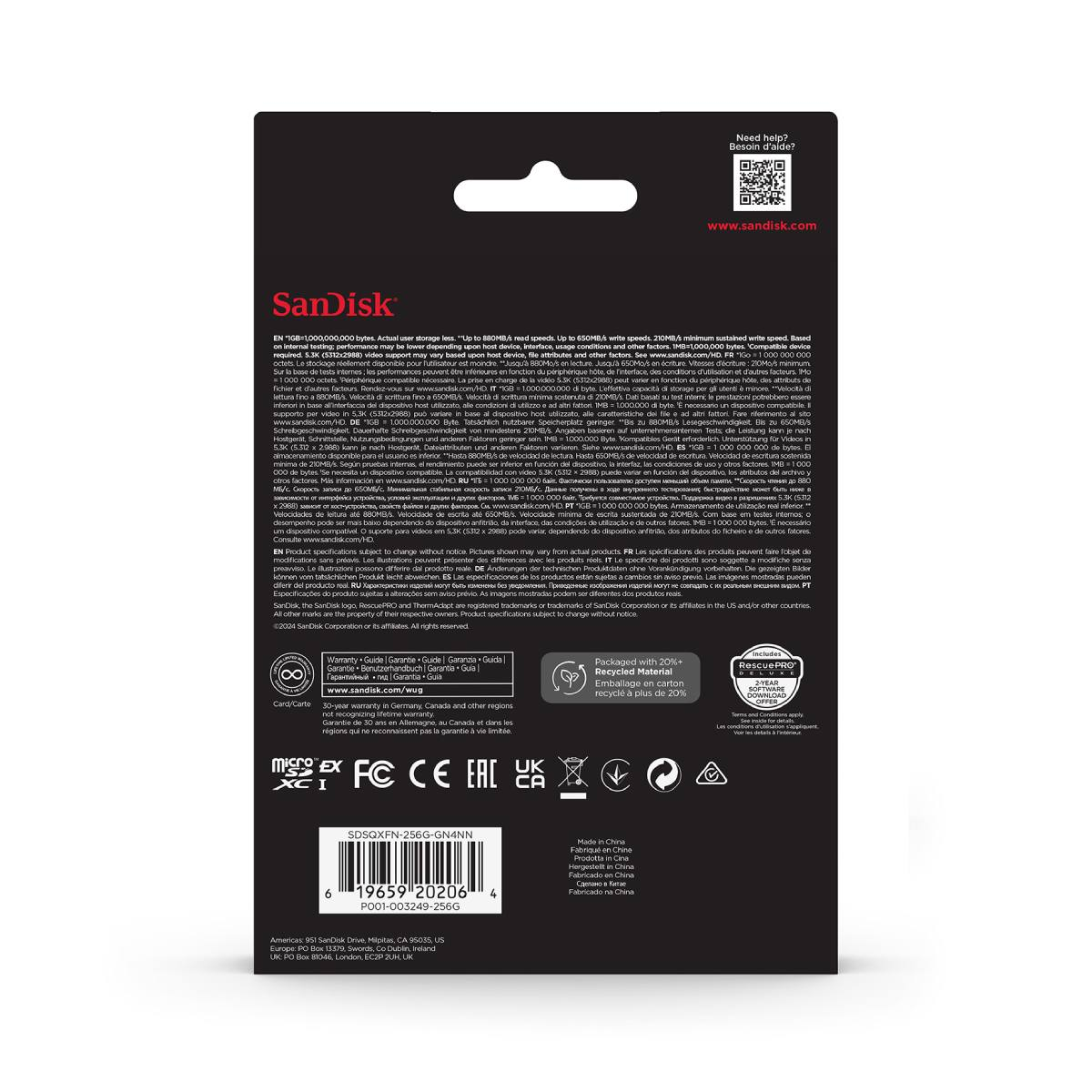 Embalaje de la tarjeta SanDisk microSD Express con información sobre la capacidad de almacenamiento y la velocidad.