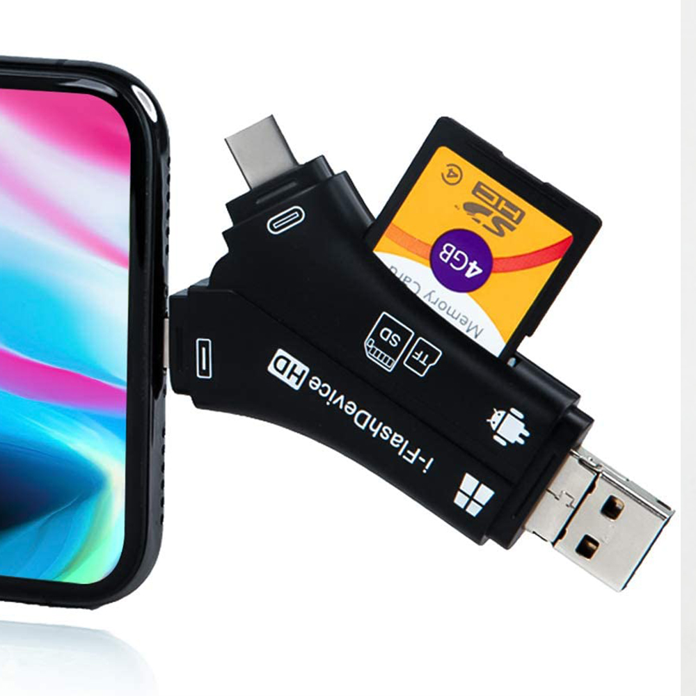 Schwarzer Adapter, an ein Telefon angeschlossen, mit eingesetzter microSD-Karte. Weißer Hintergrund.