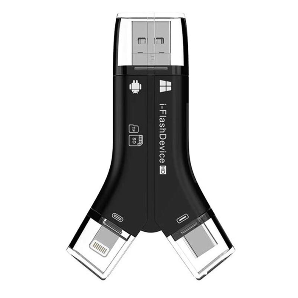 Schwarzer i-FlashDevice HD Adapter mit USB-, iPhone- und USB-C-Anschlüssen. Weißer Hintergrund.