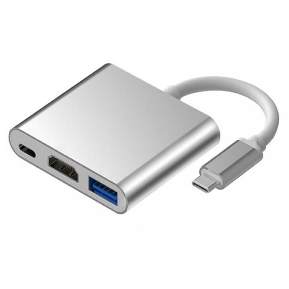 Hub USB-C argentato con porte HDMI e USB, cavo e connettore, su sfondo bianco.