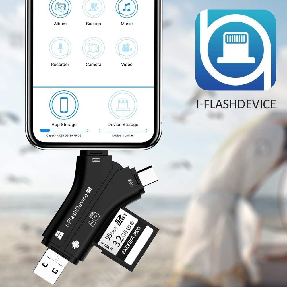 Telefonbildschirm mit App-Symbolen und einem Adapter mit SD-Karte und USB-Anschluss. Weißer Hintergrund.