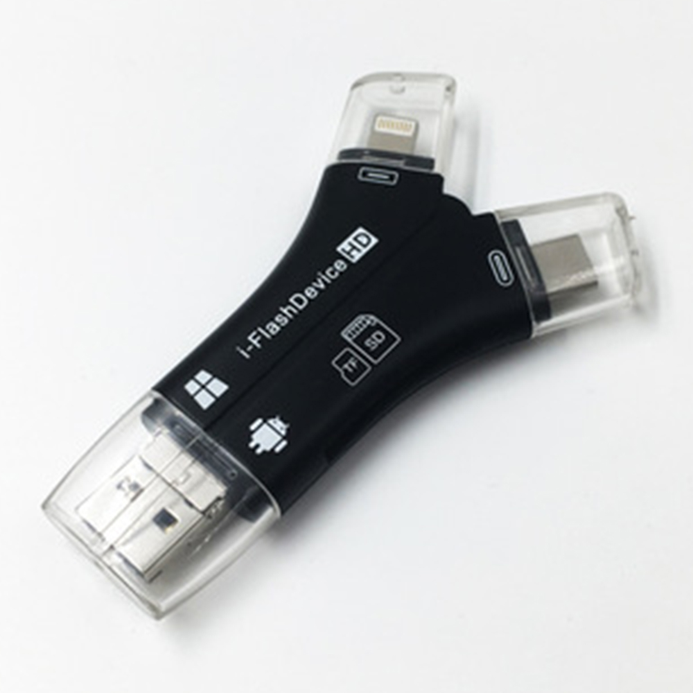 Schwarzer i-FlashDevice HD Adapter mit USB-, iPhone- und USB-C-Anschlüssen. Weißer Hintergrund.