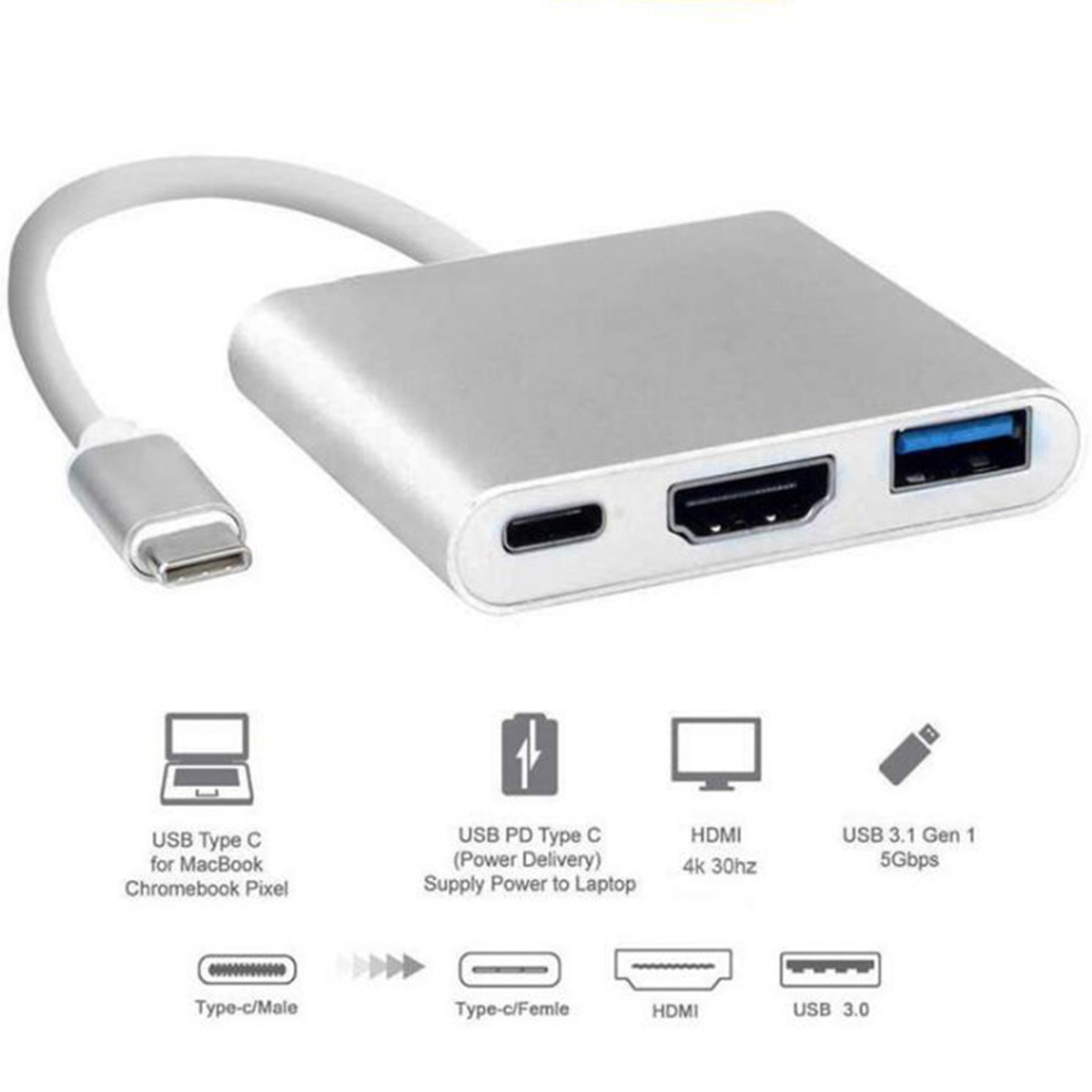 Adattatore argentato con più porte, USB-C, HDMI e USB 3.1, con icone etichettate sotto.