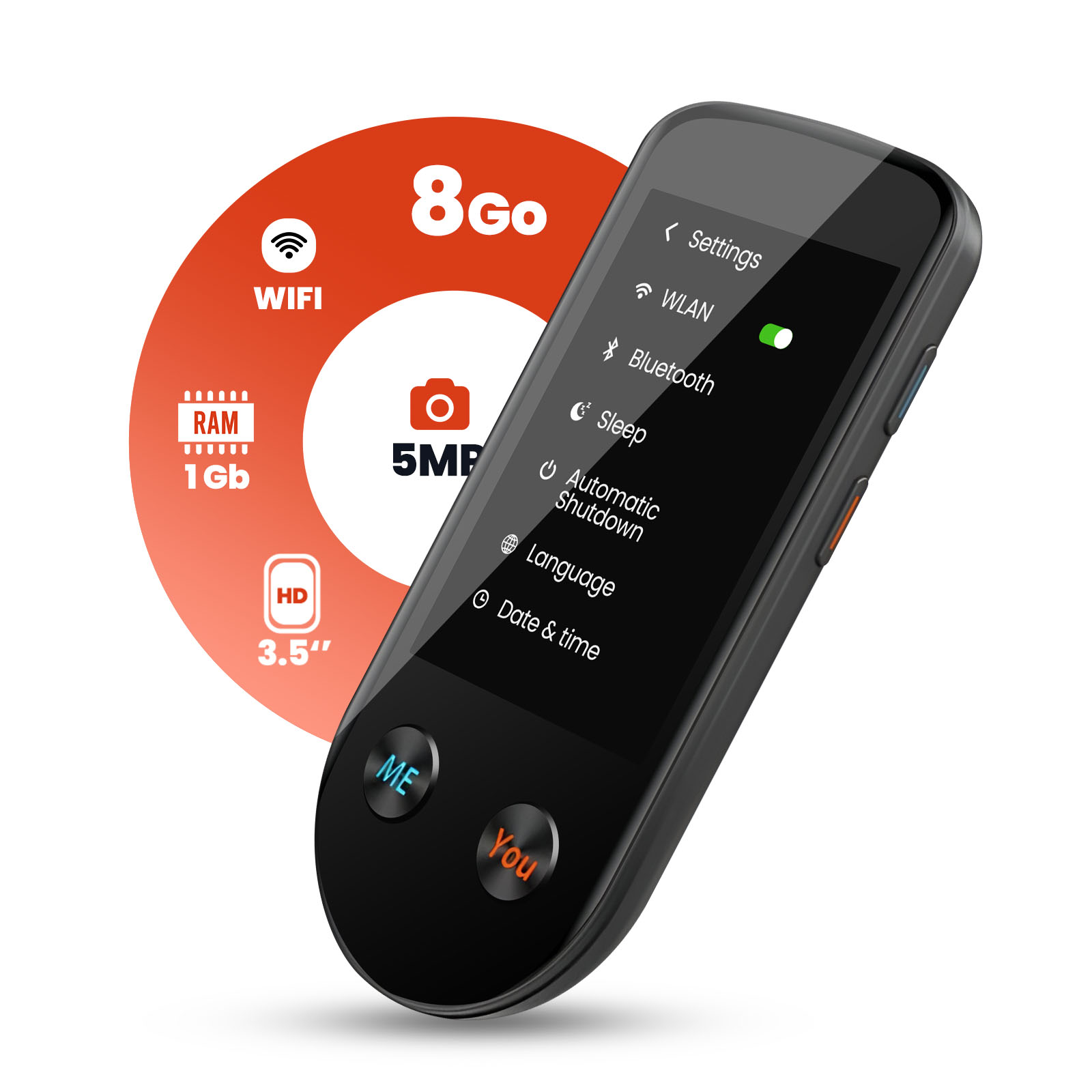 Schwarzer Handübersetzer mit Bildschirm. Funktionen: Wi-Fi, Bluetooth, Schlaf, Datum & Uhrzeit. Orange und weiße Akzente.