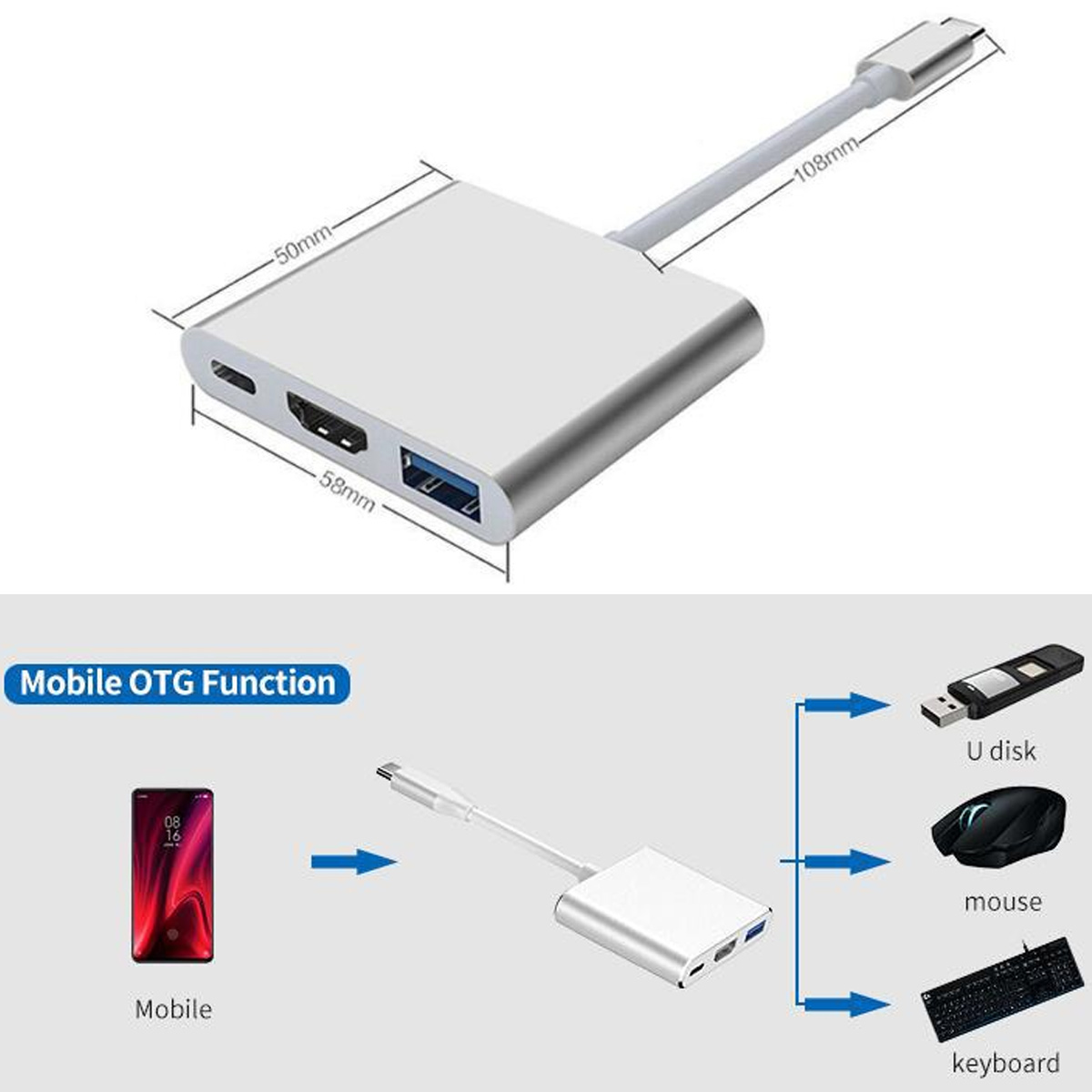 Adattatore argentato con più porte, collegato a un cellulare, mostra la funzione OTG mobile.