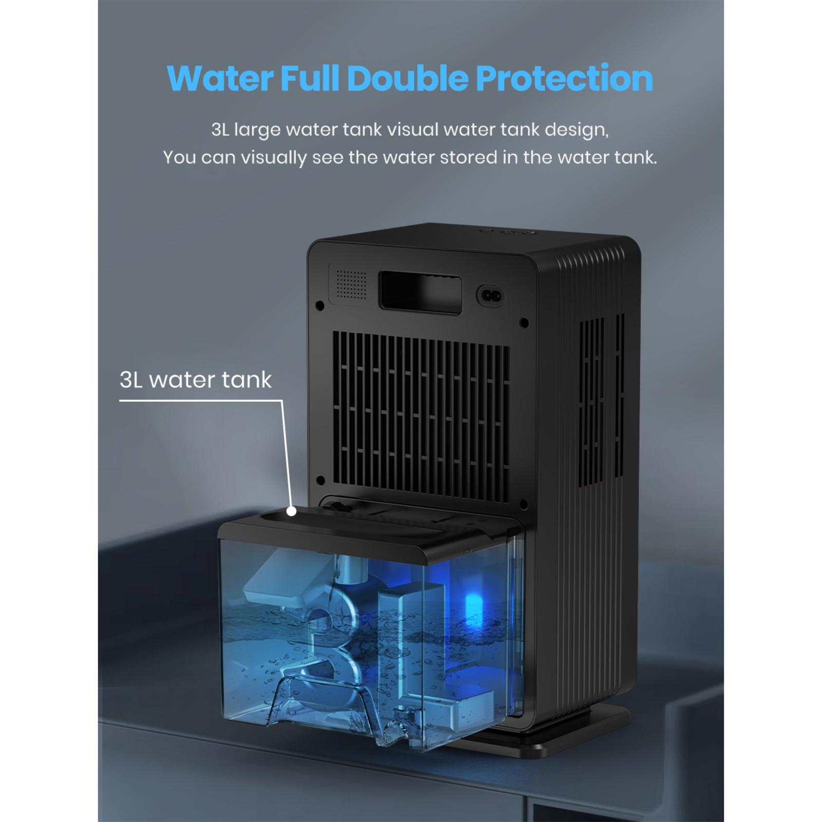Ein schwarzer Luftentfeuchter mit einem transparenten Wassertank, der den Wasserstand und interne Komponenten zeigt.