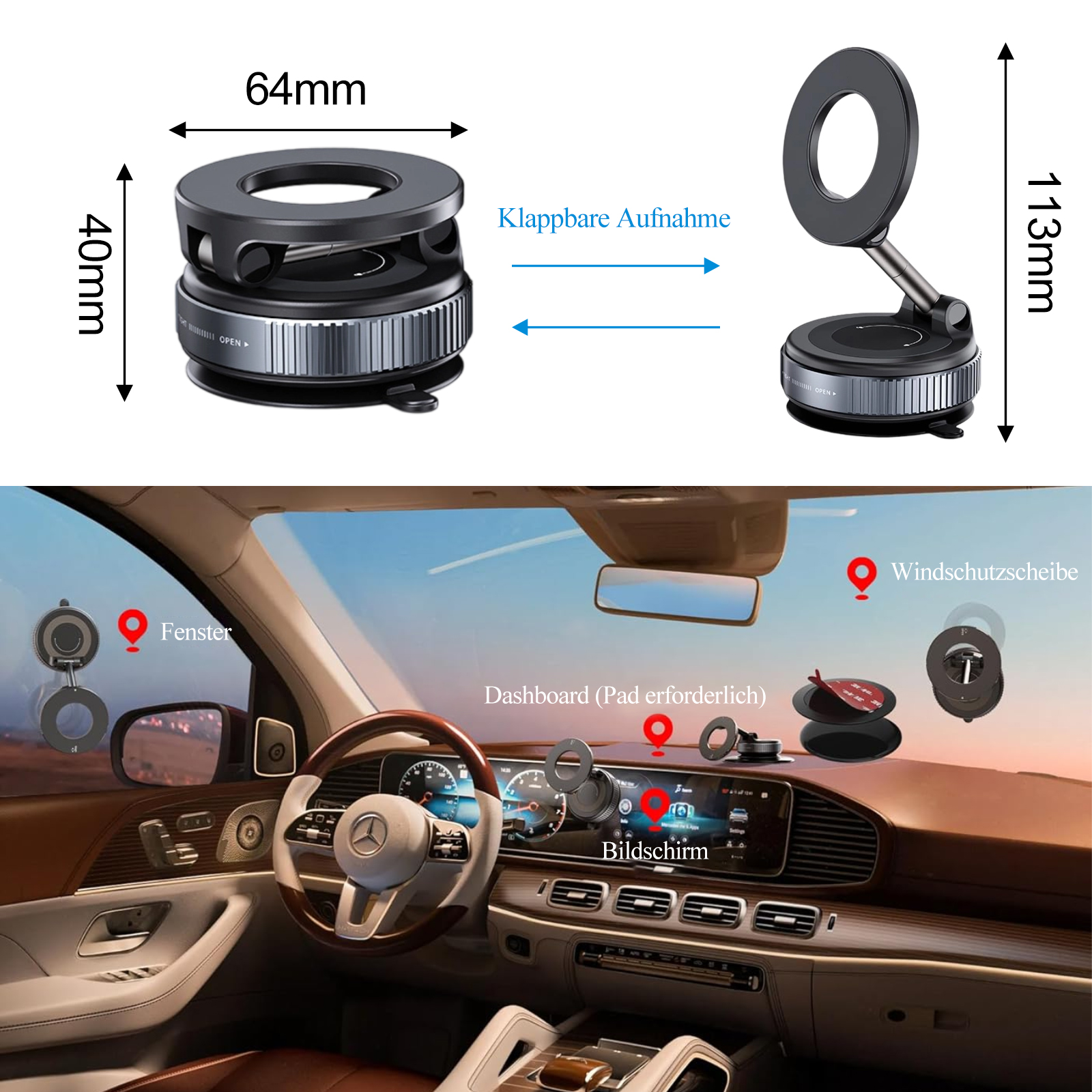 Kfz-Telefonhalter mit beschrifteten Abmessungen im Innenraum eines Autos, auch mit Montageoptionen.