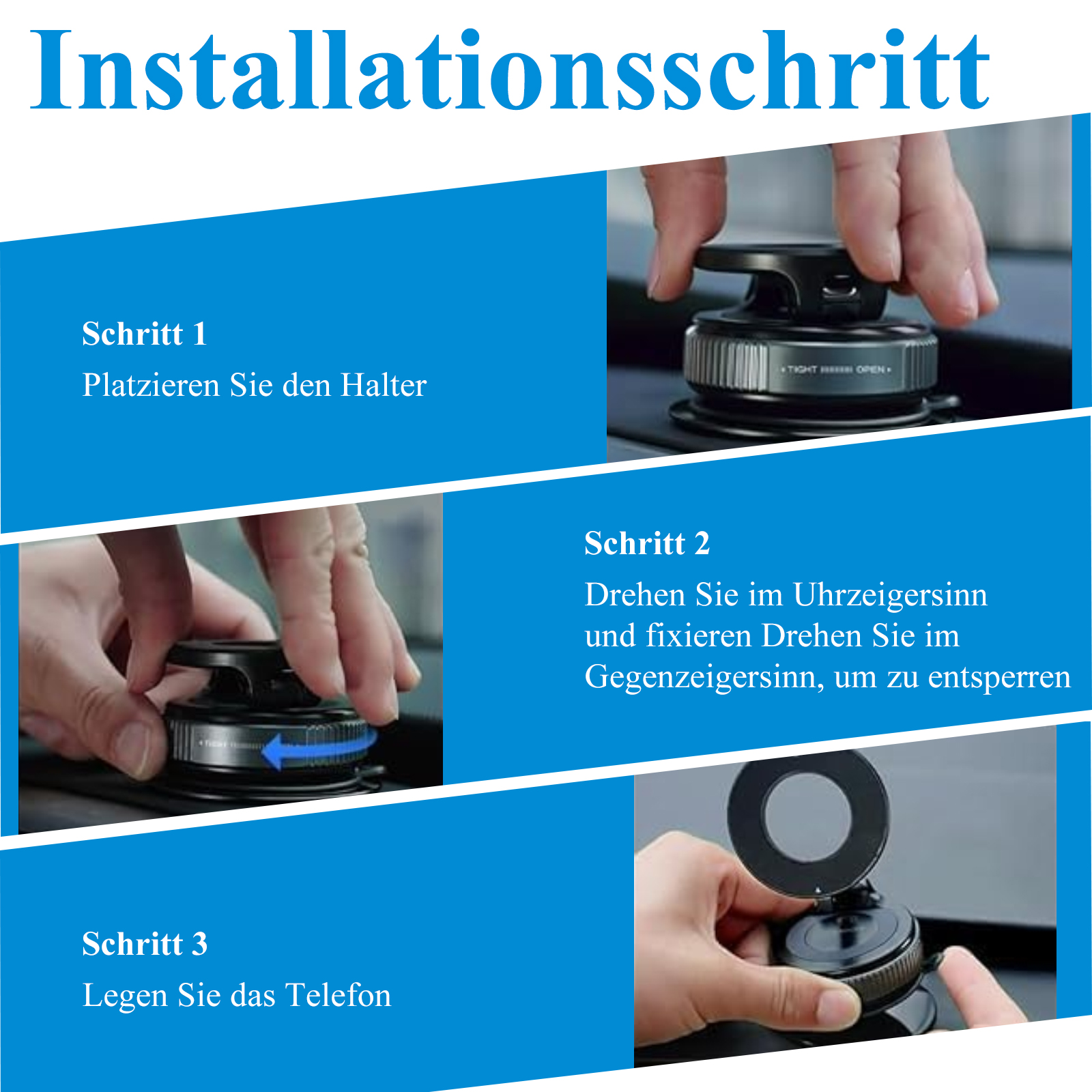 Installationsschritte für eine Autotelefonhalterung. Zeigt, wie man die Halterung platziert, dreht und sichert.