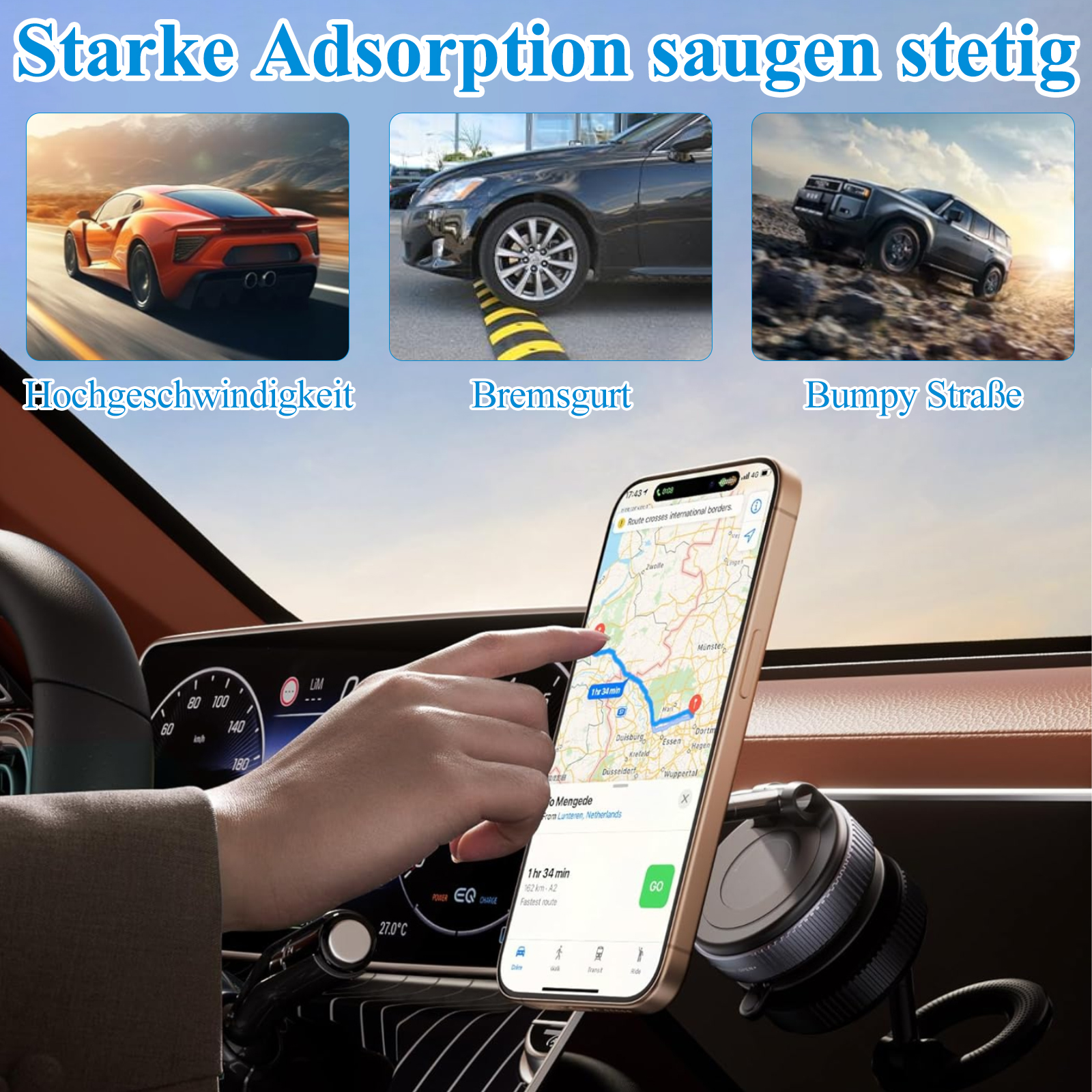 Ein Telefon, das an einer Autohalterung befestigt ist und eine Karte anzeigt. Bilder von Autos sind im Hintergrund.
