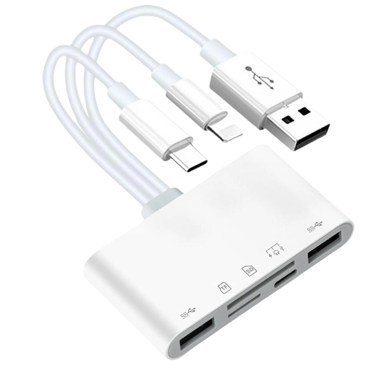 Un adattatore multi-porta bianco con più cavi e connettori, tra cui USB, Lightning e USB-C.