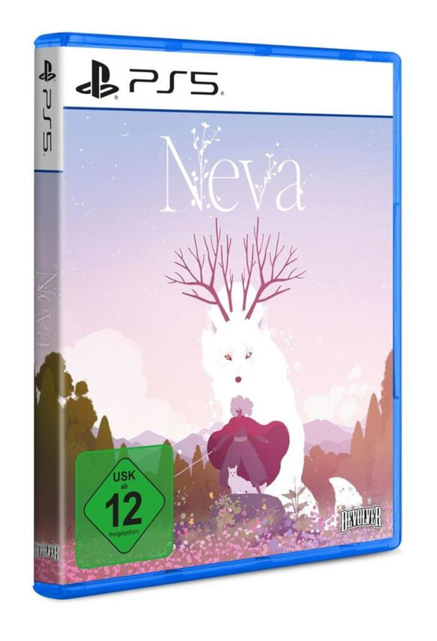 PS5-Spielbox von Neva, mit einem weißen Wolf, einem Mädchen, Bäumen und einem lila Himmel.