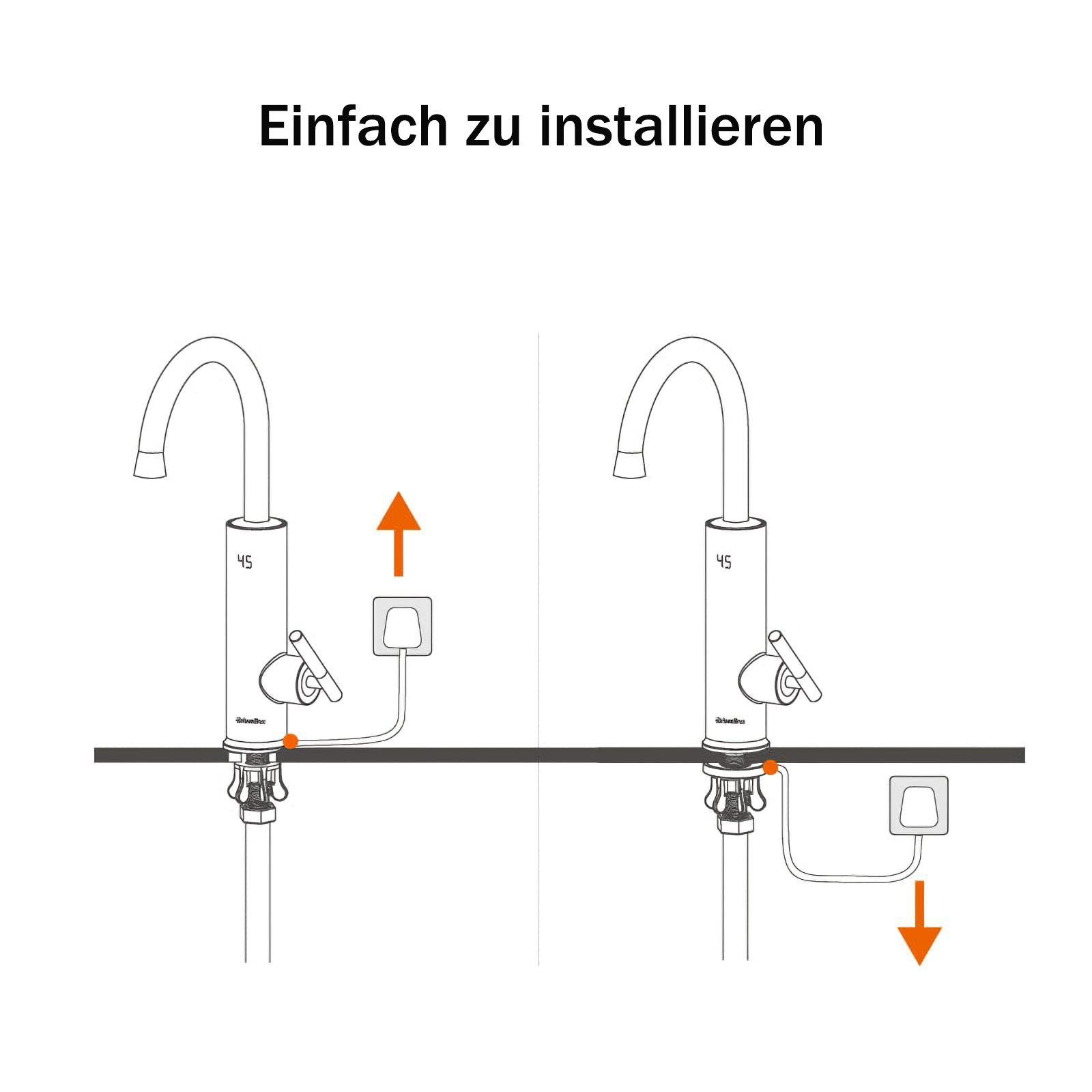 Diagramm mit zwei Wasserhähnen. Text oben: 'Einfach zu installieren'.