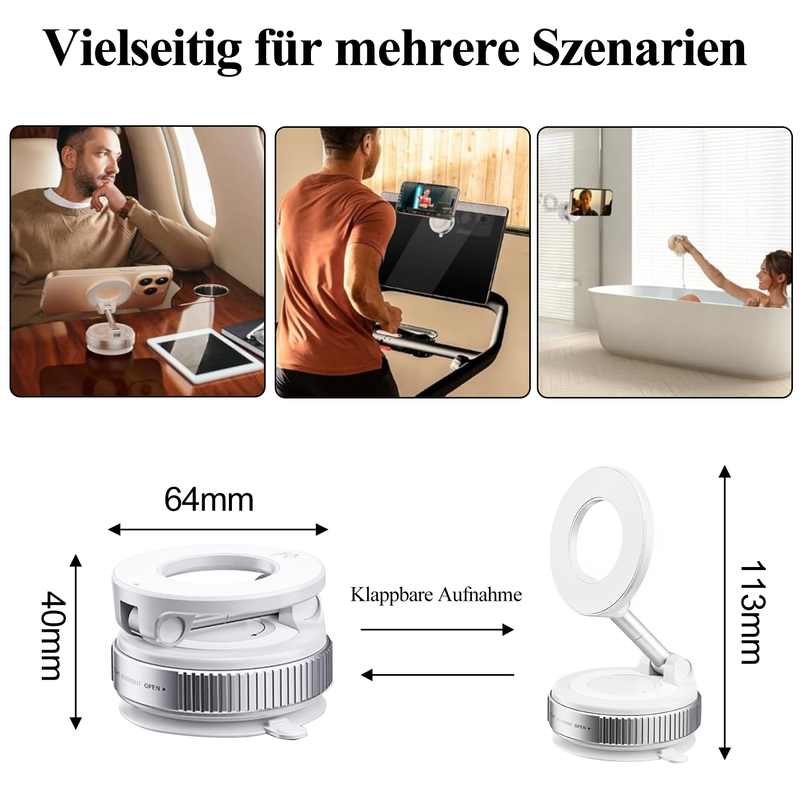 Produktfotos, die ein kleines Ringlicht in verschiedenen Nutzungsszenarien und Abmessungen zeigen.