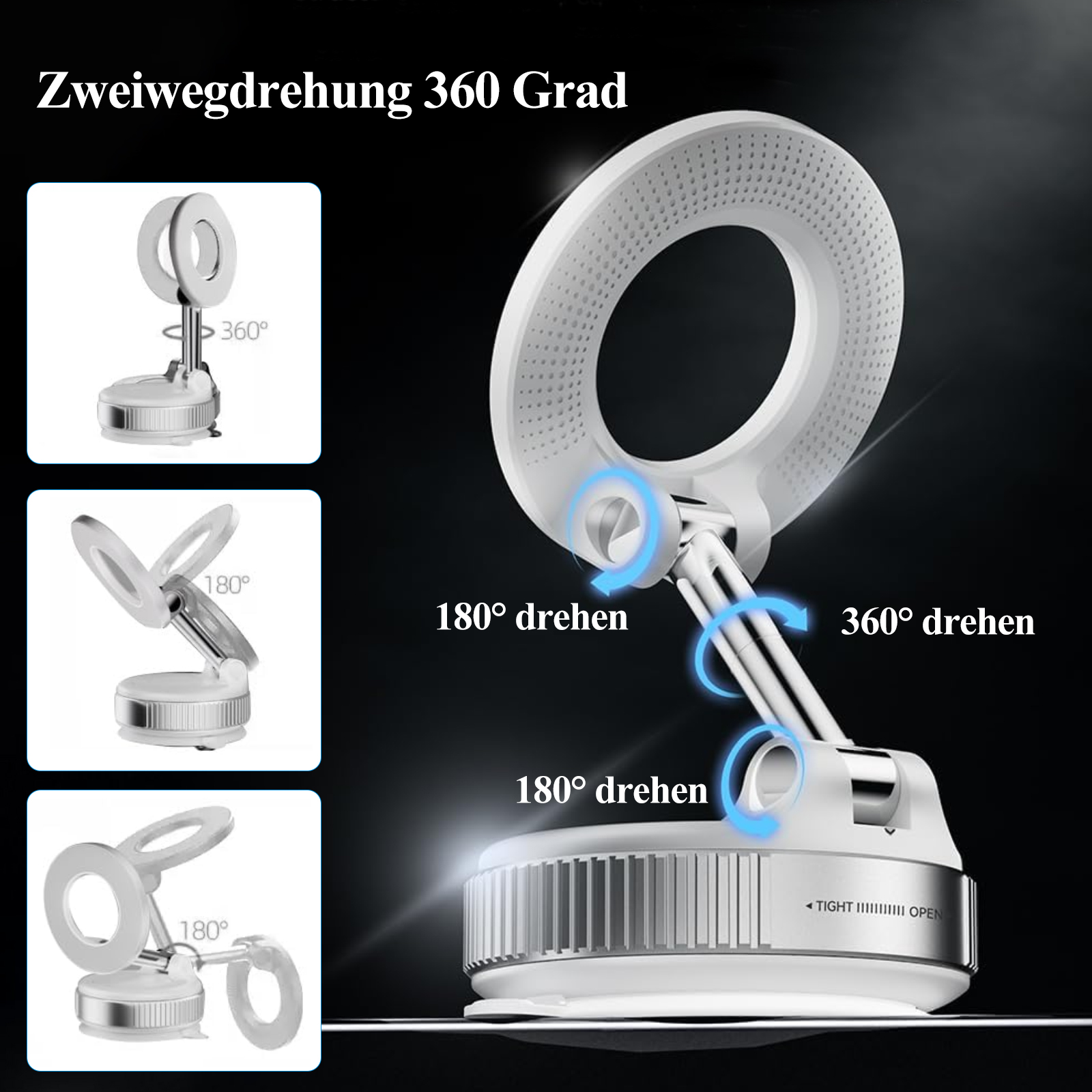 Ein Ringlicht mit verschiedenen Einstellwinkeln, das eine 360-Grad-Drehung zeigt.