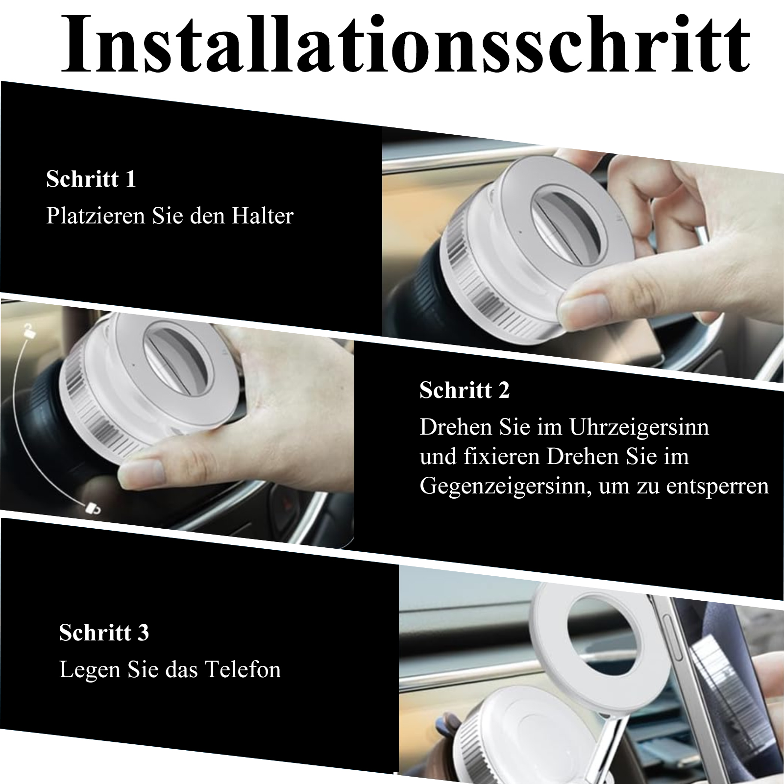 Anweisungen für eine Autotelefonhalterung. Schritte zeigen Platzierung, Drehung und Telefonplatzierung.