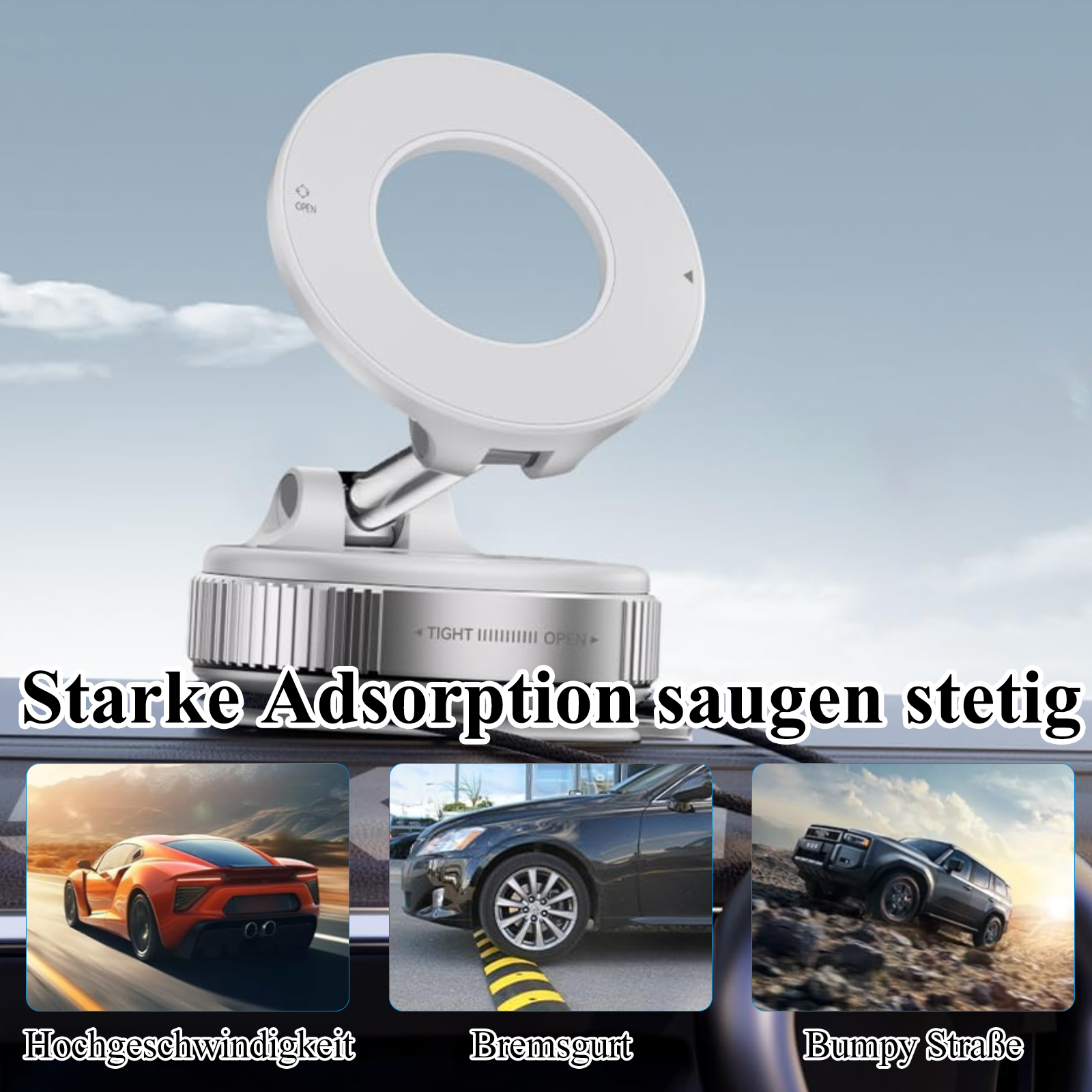 Autotelefonhalterung auf einem Armaturenbrett montiert. Bilder zeigen Auto auf Autobahn, Straße mit Bodenschwellen und Gelände.