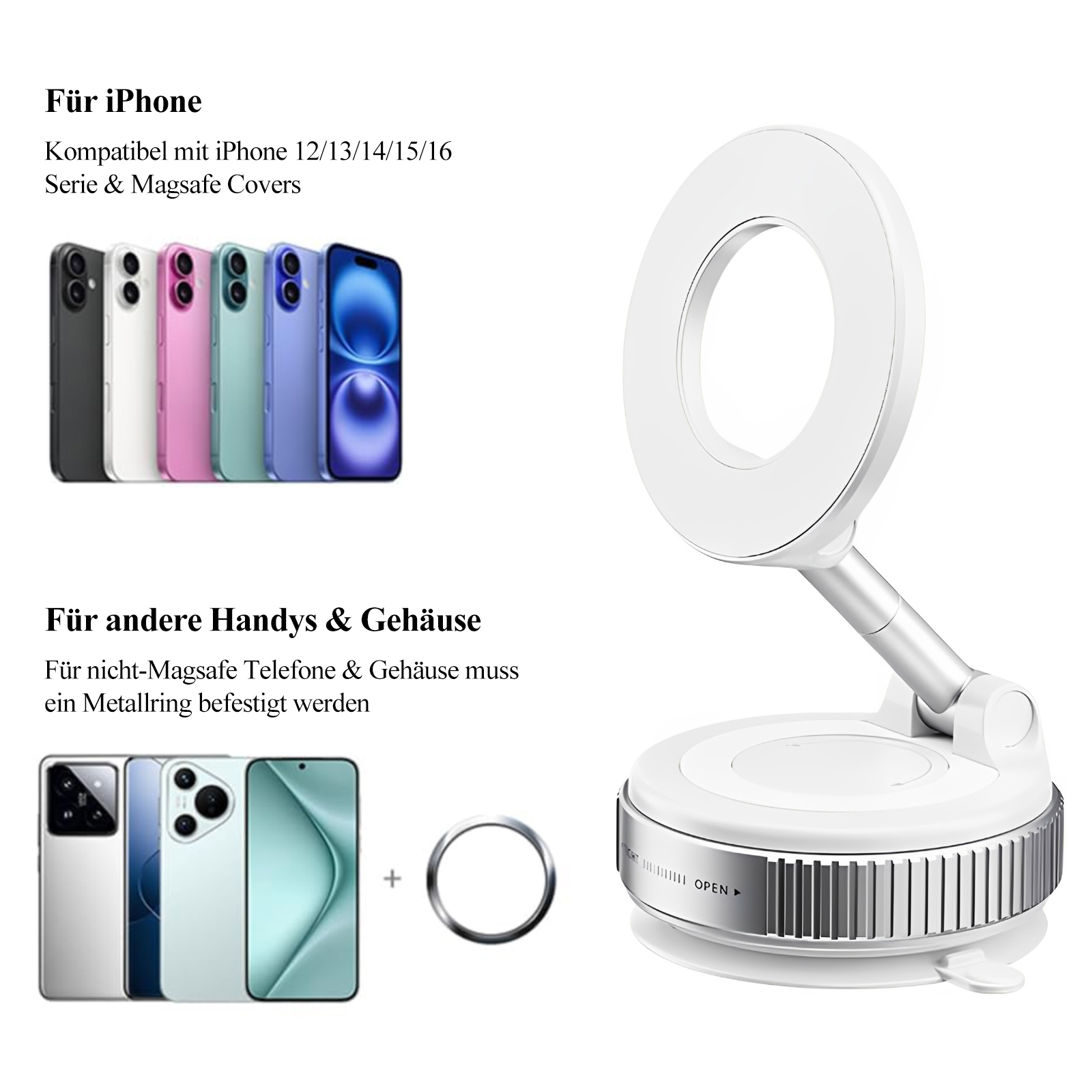 Ein weißes Ringlicht und Telefone. Text besagt Kompatibilität mit iPhones und einen Abschnitt für andere Telefone.